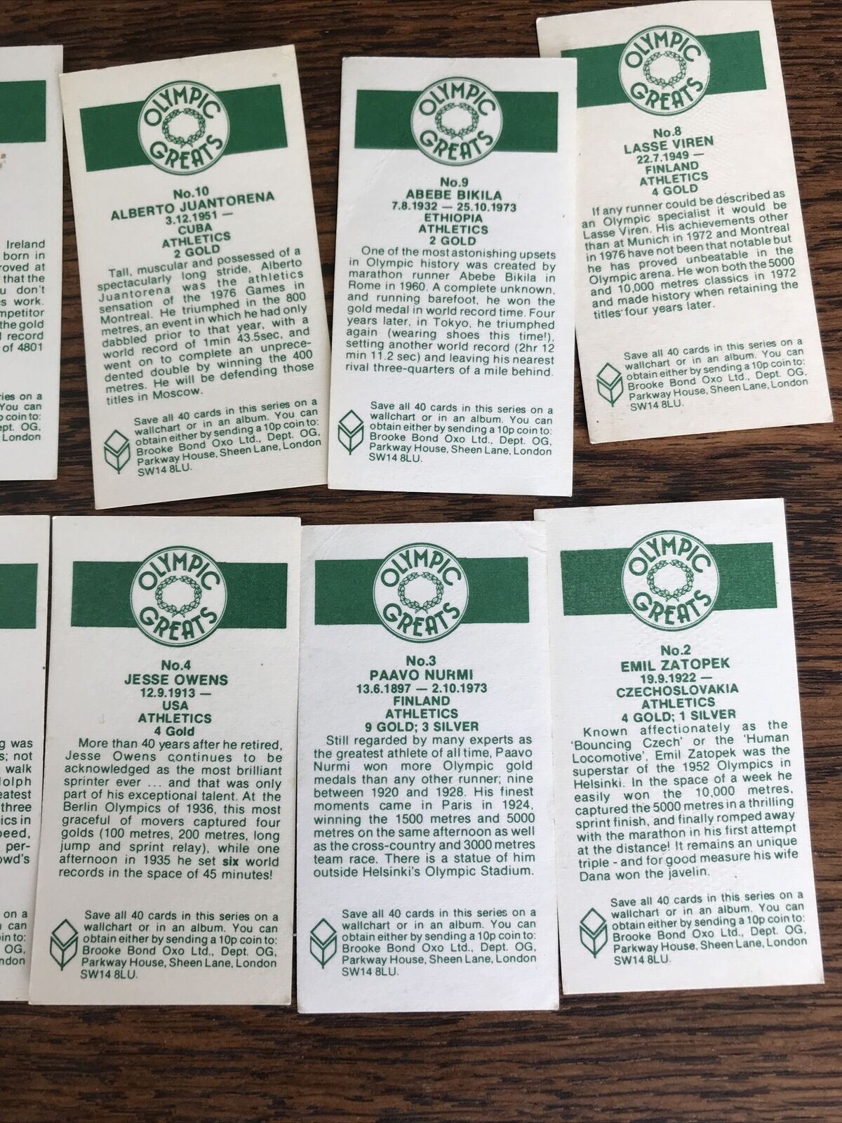 Brooke Bond Tea Cards - Olympic Greats #2-13 - Olympic Athletes Gold Medallists - Set of 12