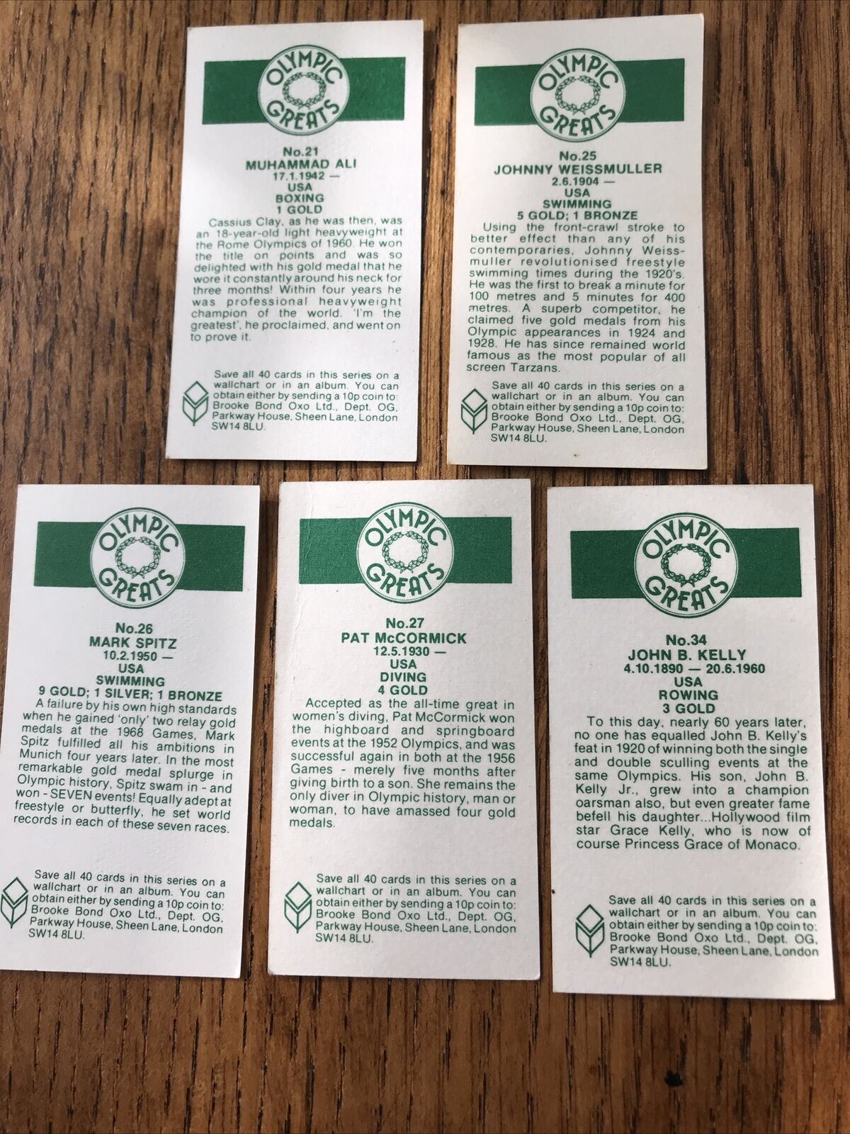 OLYMPICS USA Brooke Bond Tea Cards Olympic Greats #21 25 26 27 34 Muhammad Ali