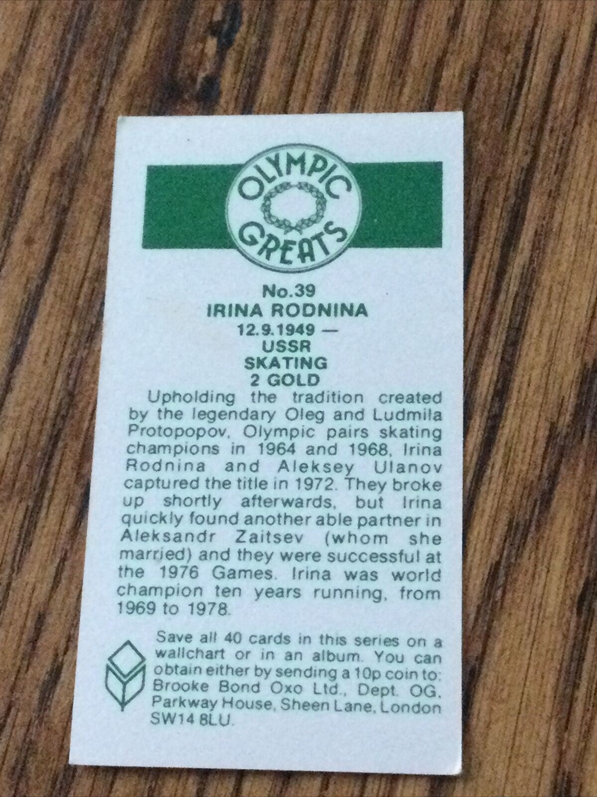 OLYMPICS IRINA RODNINA Brooke Bond Tea Card Olympic Greats #39 Skating USSR GOLD