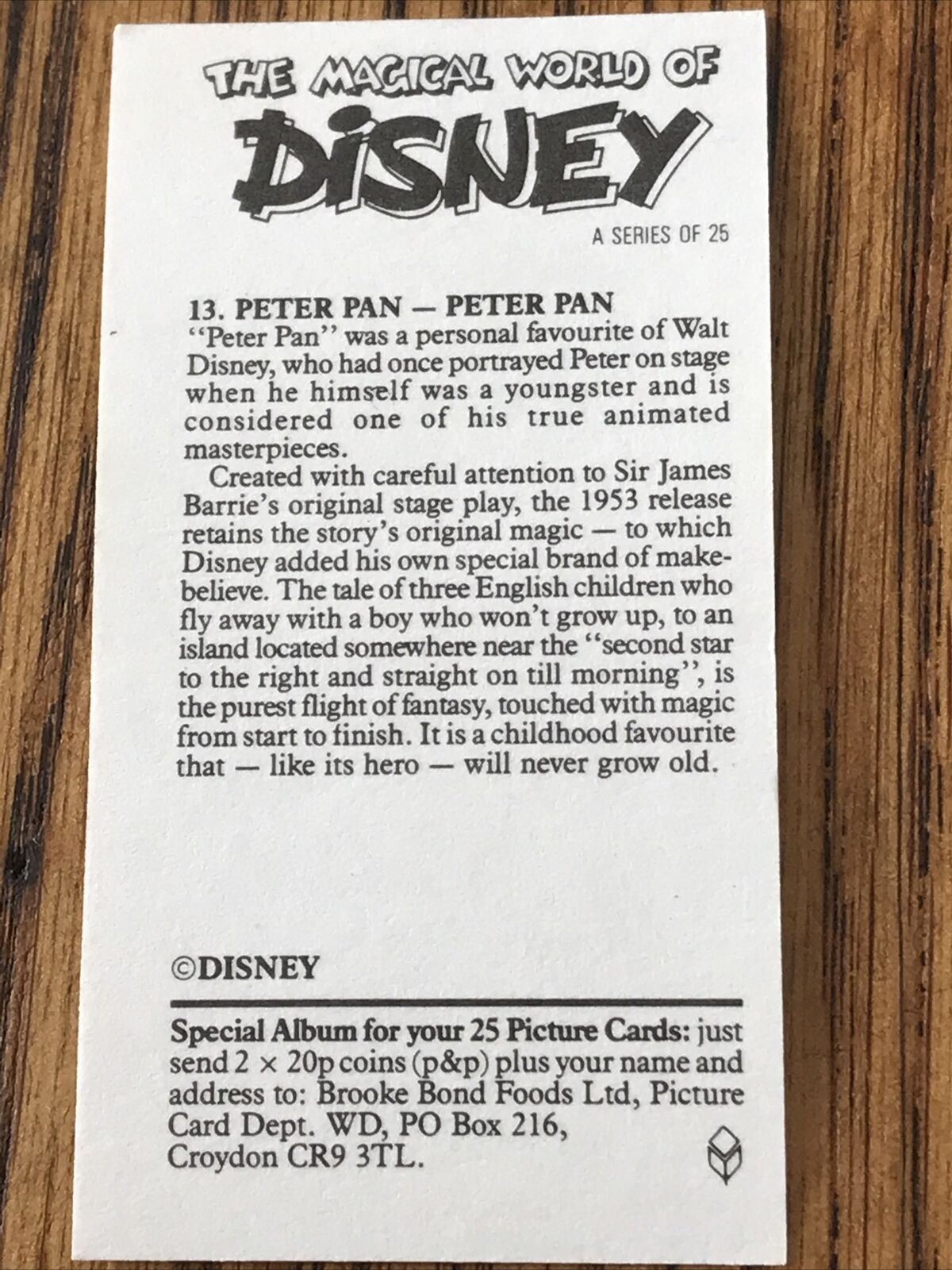 Vintage DISNEY Peter Pan Brooke Bond Tea Card - PETER PAN #13 - 1989 - 80s Memorabilia