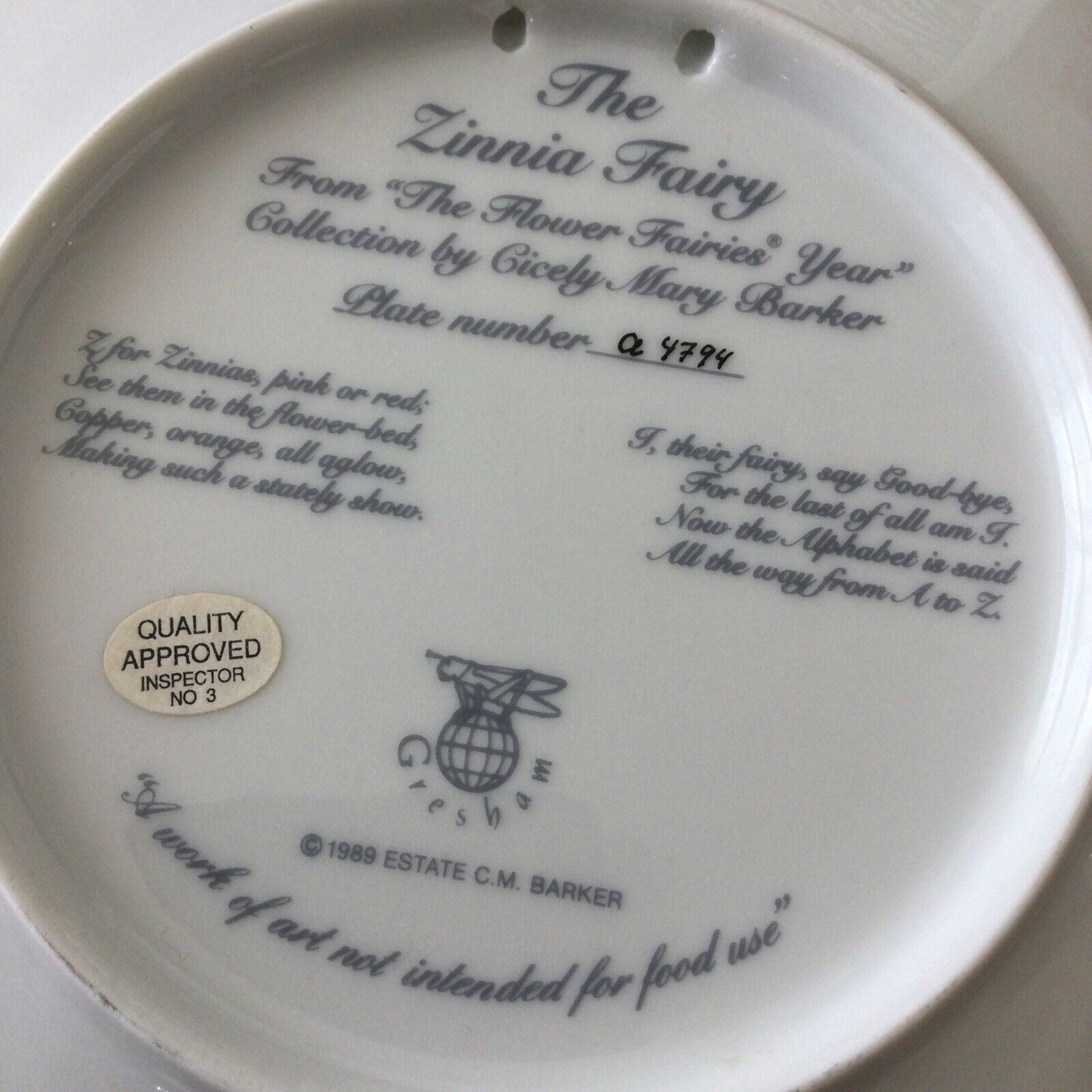ZINNIA FAIRY 1989 VINTAGE FLOWER FAIRY plate Cicely Mary Barker Gresham a4794