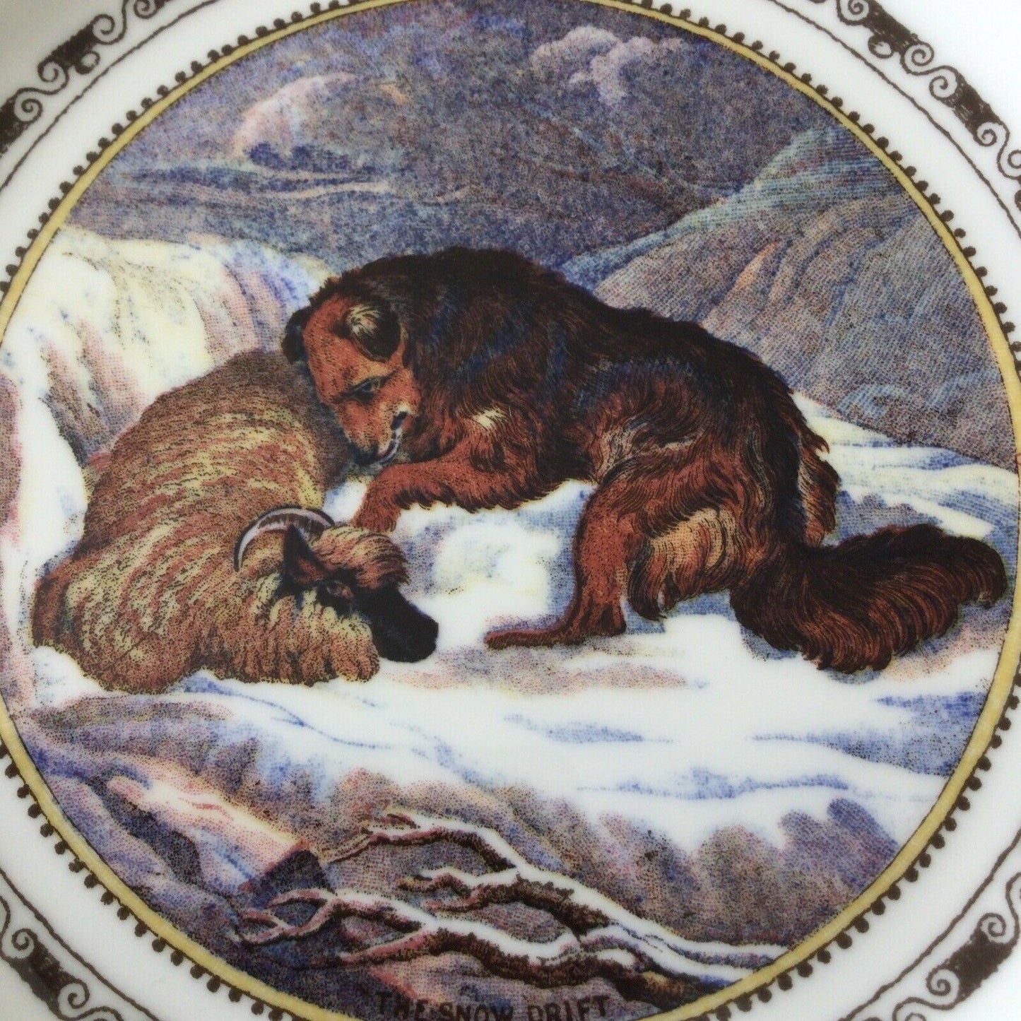 Coalport Collectable Christmas Plate 1986 'Snow Drift' Image Pratt Print Sheep dog with sheep in snow