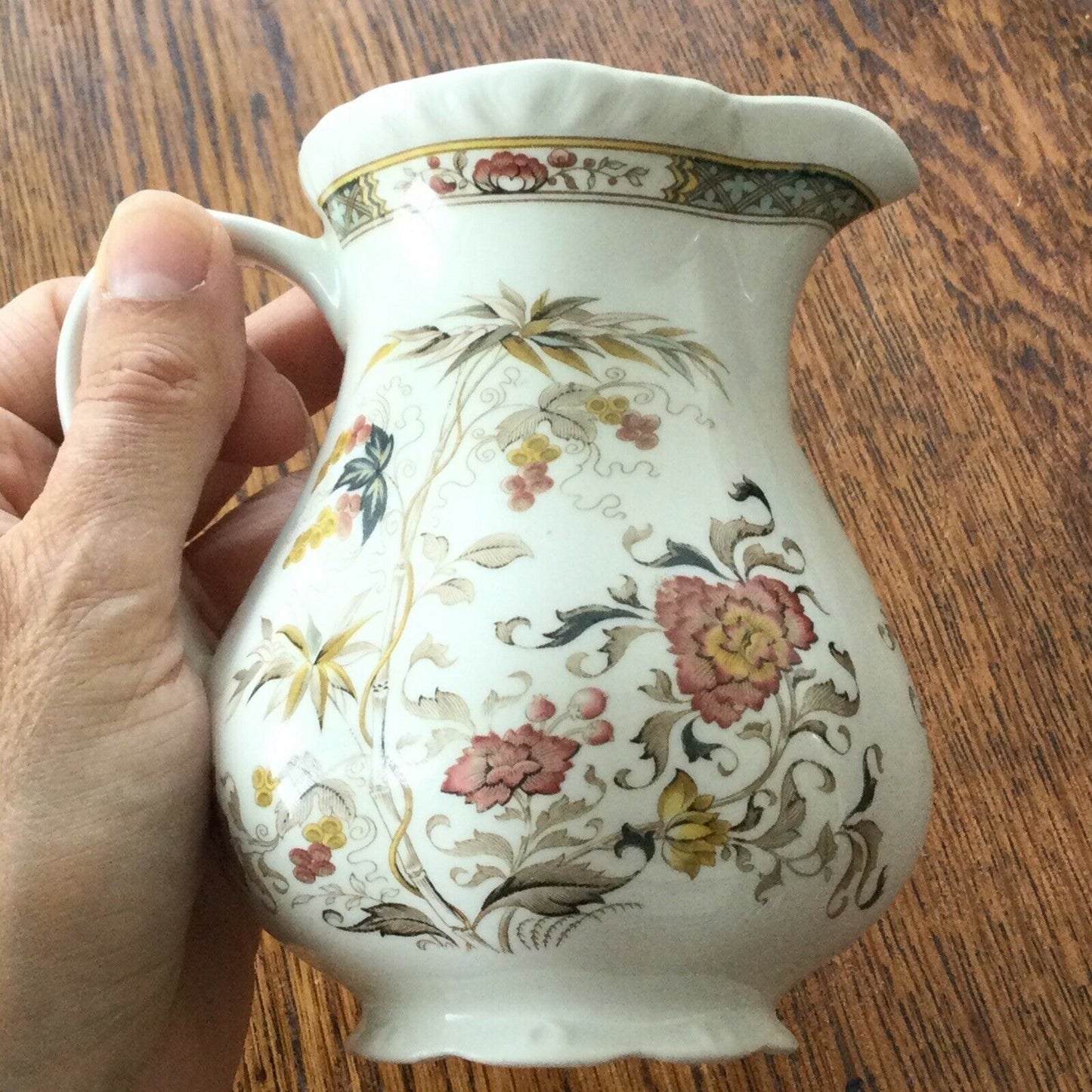 Vintage Adams Floral Jug Small Approx 5” High. Muted Pinks Browns Mustard. VGC
