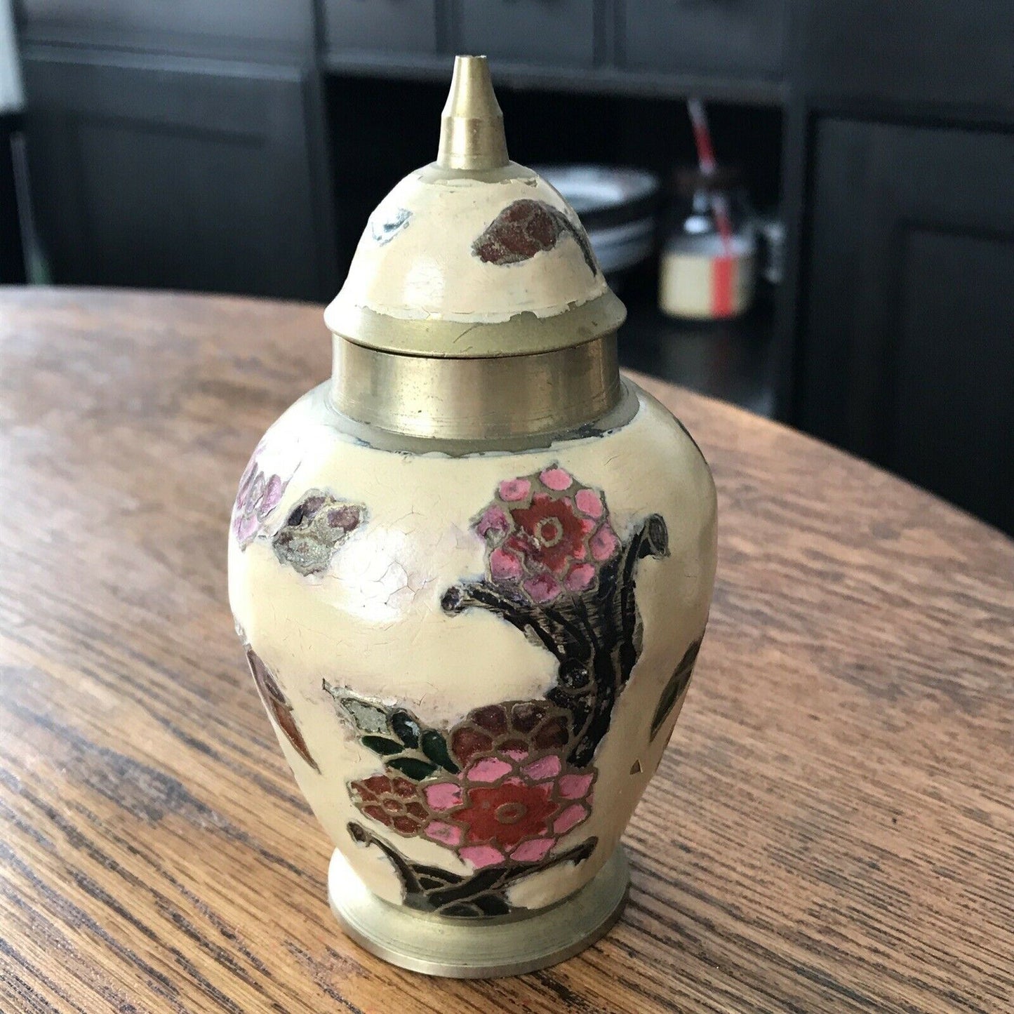 Small Indian Brass Urn With Cloisonne Floral Vintage Pink Cream Lidded 13cm High. Mothers Day Gift.