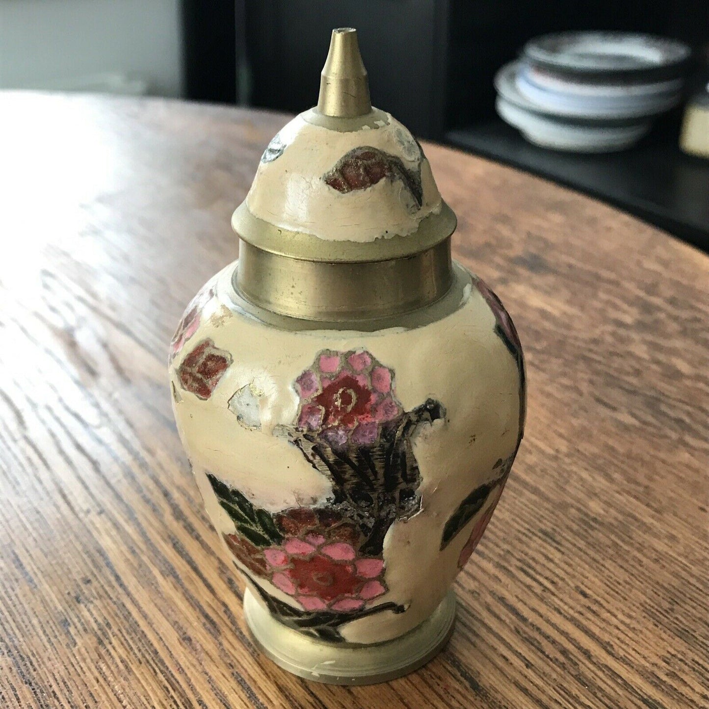 Small Indian Brass Urn With Cloisonne Floral Vintage Pink Cream Lidded 13cm High. Mothers Day Gift.