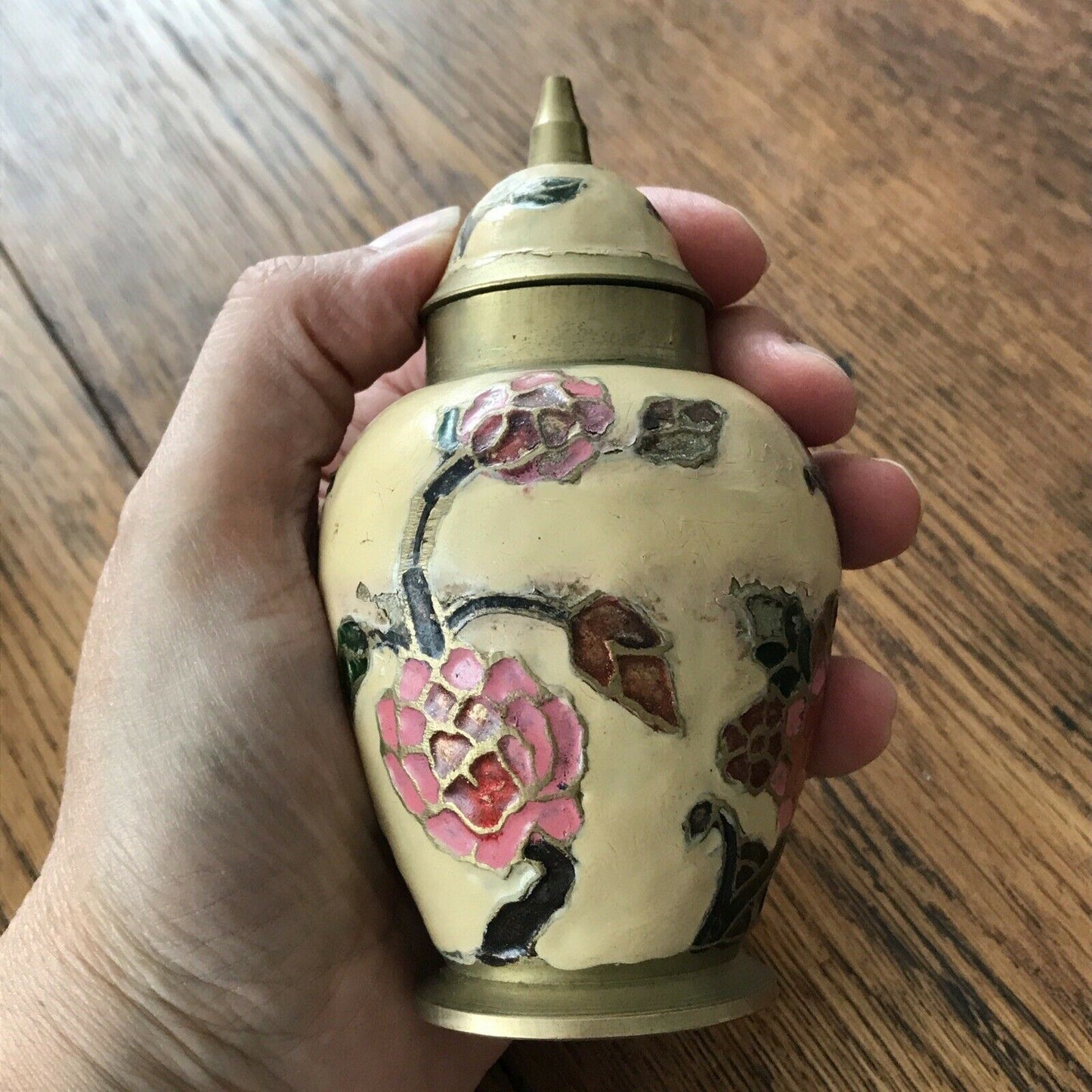 Small Indian Brass Urn With Cloisonne Floral Vintage Pink Cream Lidded 13cm High. Mothers Day Gift.