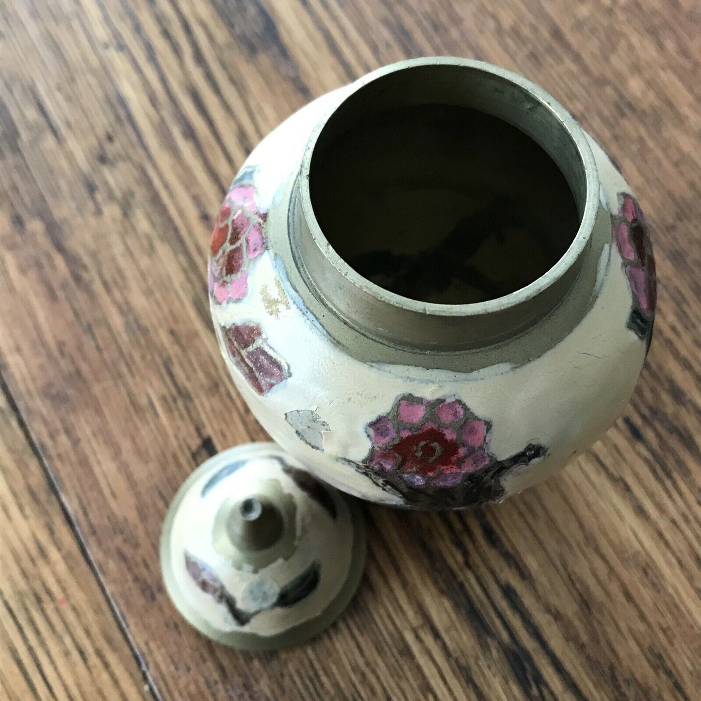 Small Indian Brass Urn With Cloisonne Floral Vintage Pink Cream Lidded 13cm High. Mothers Day Gift.