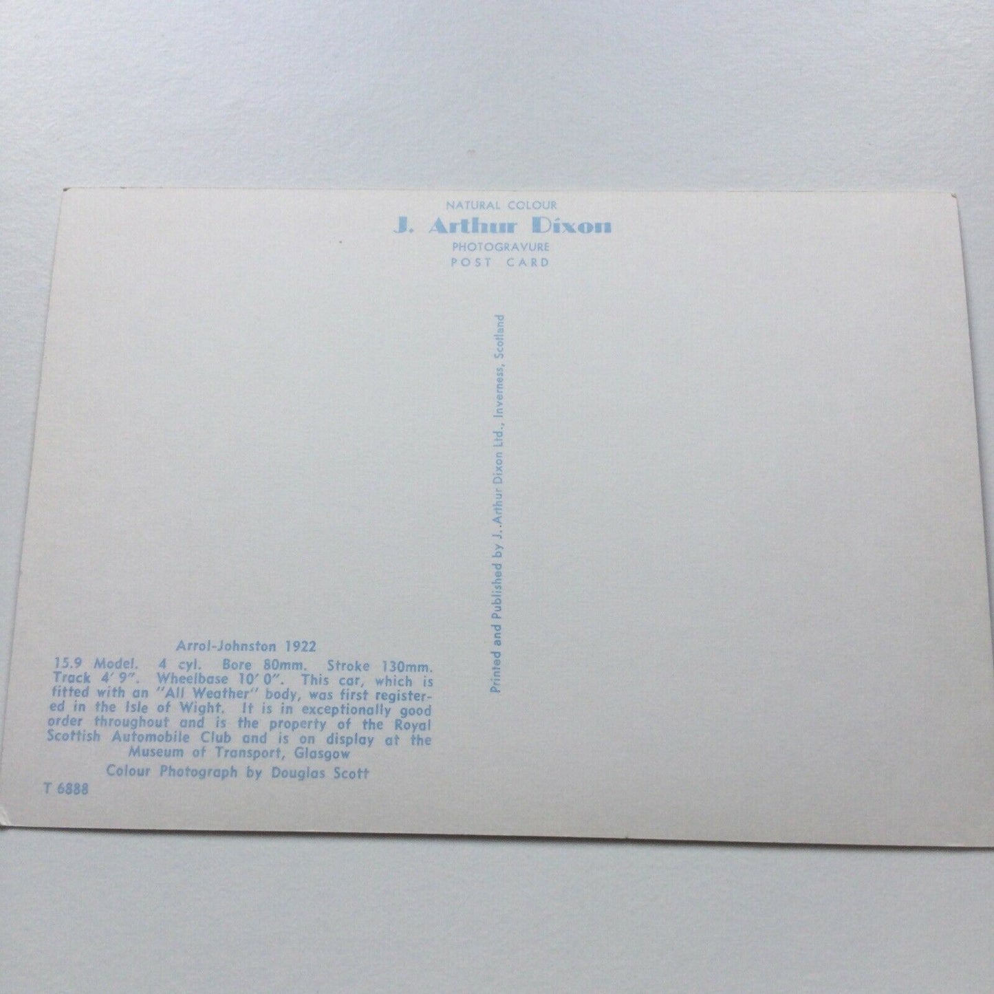 Vintage Car Postcard 1922 ARROL-JOHNSTON All Weather Body Glasgow Museum