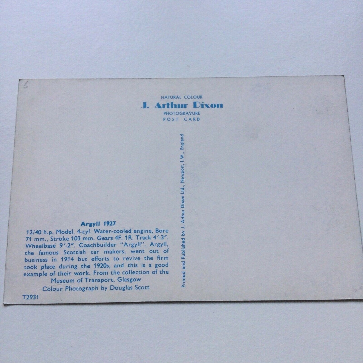 Vintage Car Postcard - 1927 ARGYLL Scottish Car Maker Glasgow Museum Of Transport