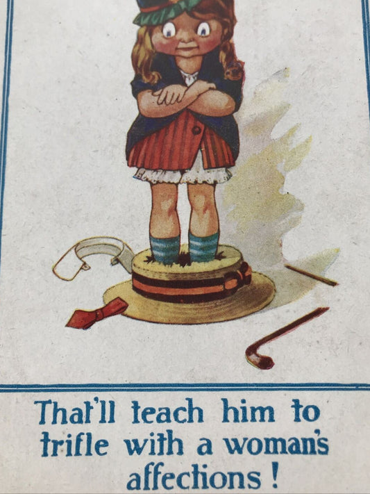 Vintage Postcard - Post WWI - Funny / Humorous Drawing - Girl Squashing Boy's Hat - 'That'll teach him to trifle with a woman's affection'