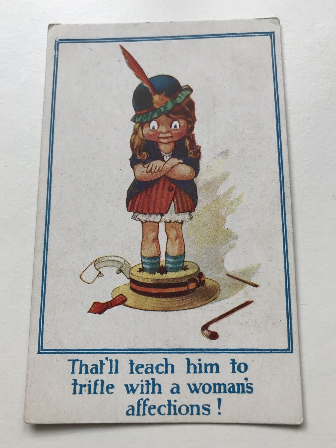 Vintage Postcard - Post WWI - Funny / Humorous Drawing - Girl Squashing Boy's Hat - 'That'll teach him to trifle with a woman's affection'