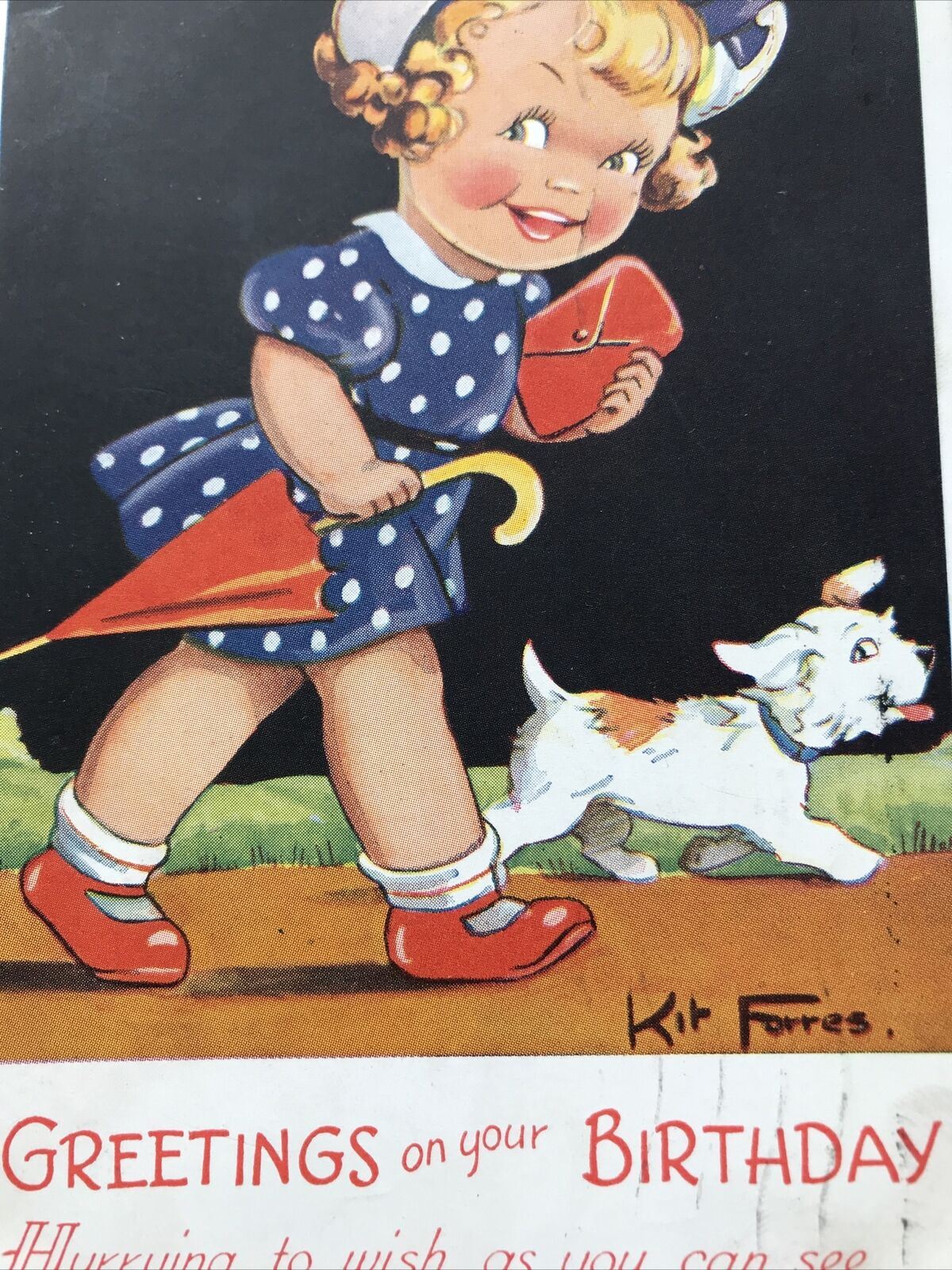 Cute Drawing Birthday Greeting Postcard Girl & Pet Dog Nautical Outfit 1940