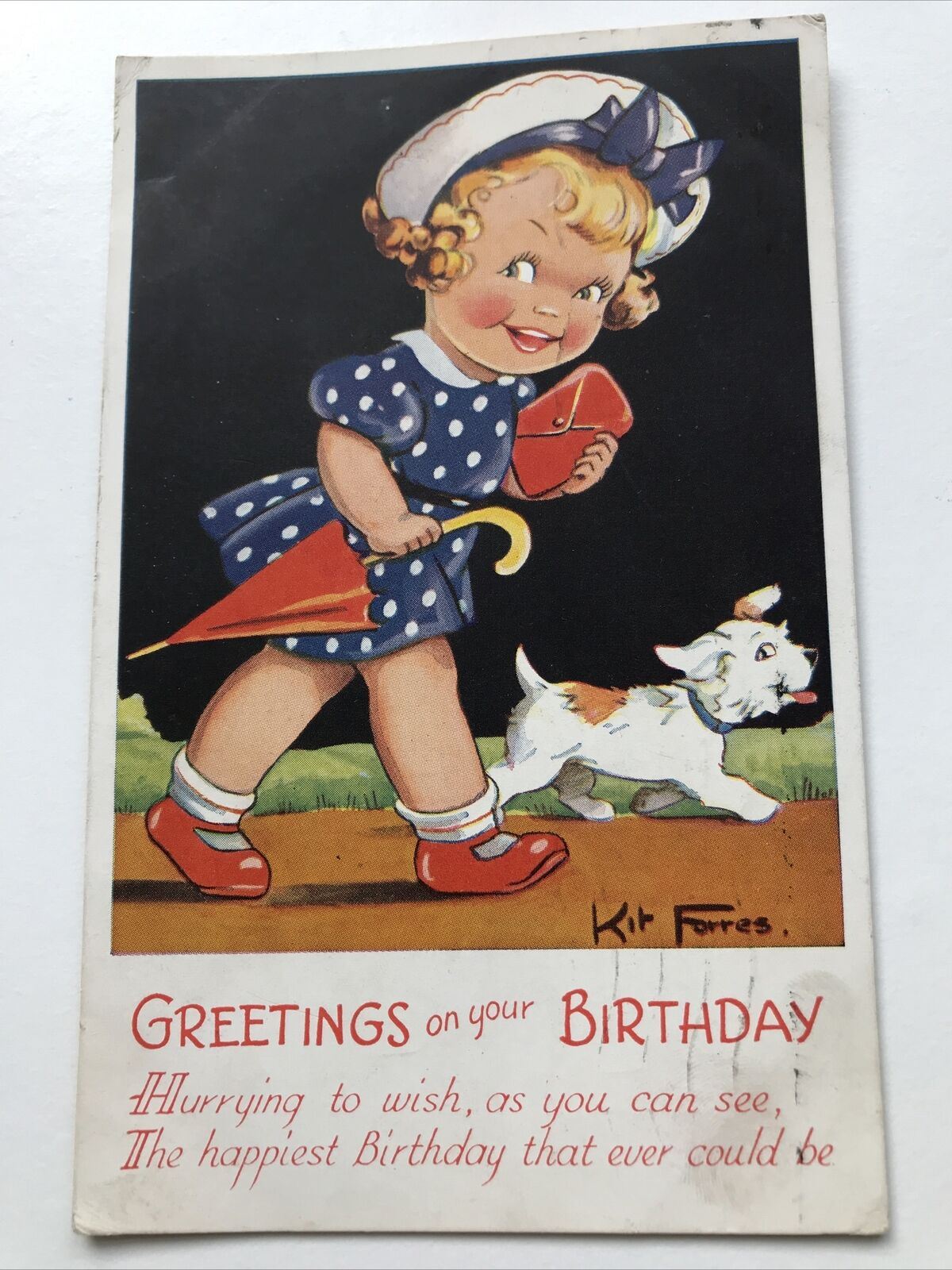 Cute Drawing Birthday Greeting Postcard Girl & Pet Dog Nautical Outfit 1940