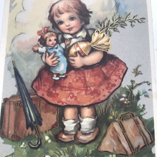 Vintage French Greetings Postcard EASTER JOYEUSES PÂQUES cute Retro Girl Egg
