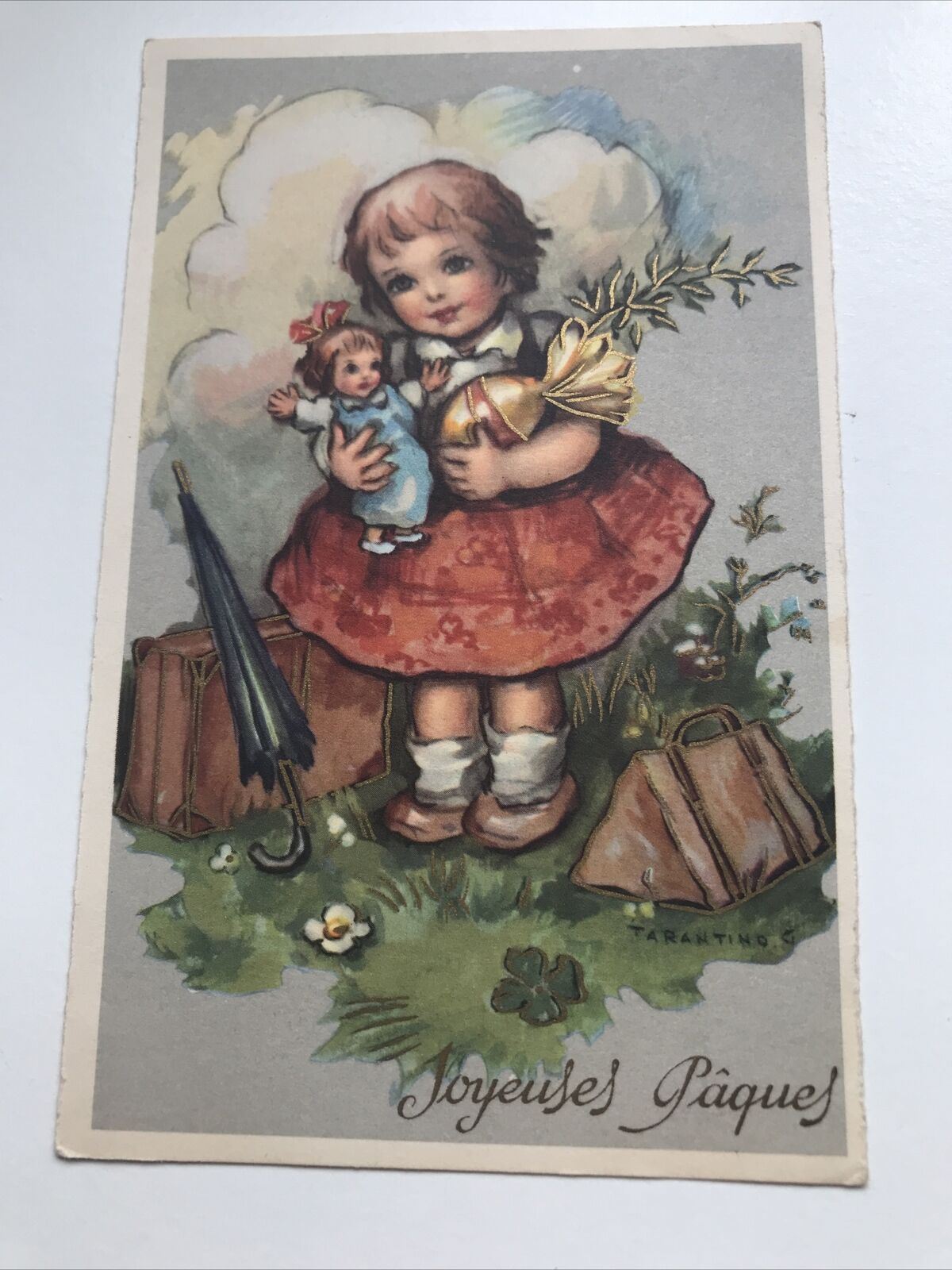 Vintage French Greetings Postcard EASTER JOYEUSES PÂQUES cute Retro Girl Egg