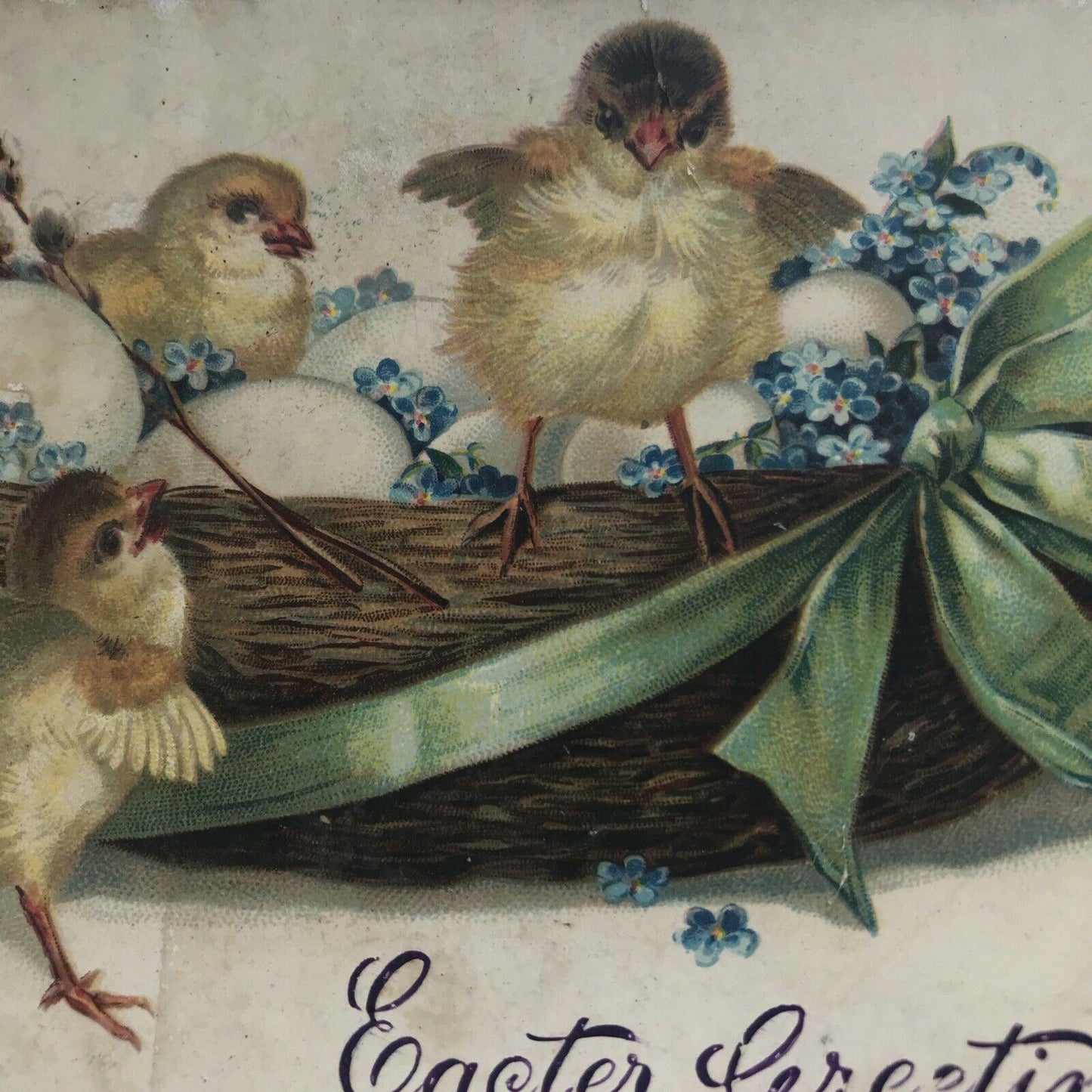 Antique 1909 Greetings EASTER POSTCARD Chicks And Eggs In Basket Forget-me-nots