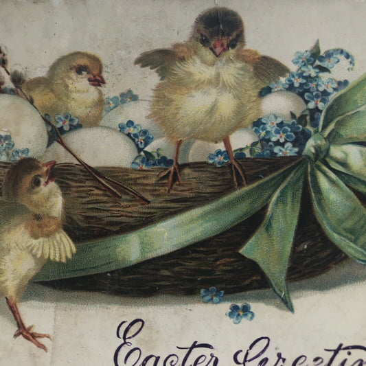 Antique 1909 Greetings EASTER POSTCARD Chicks And Eggs In Basket Forget-me-nots
