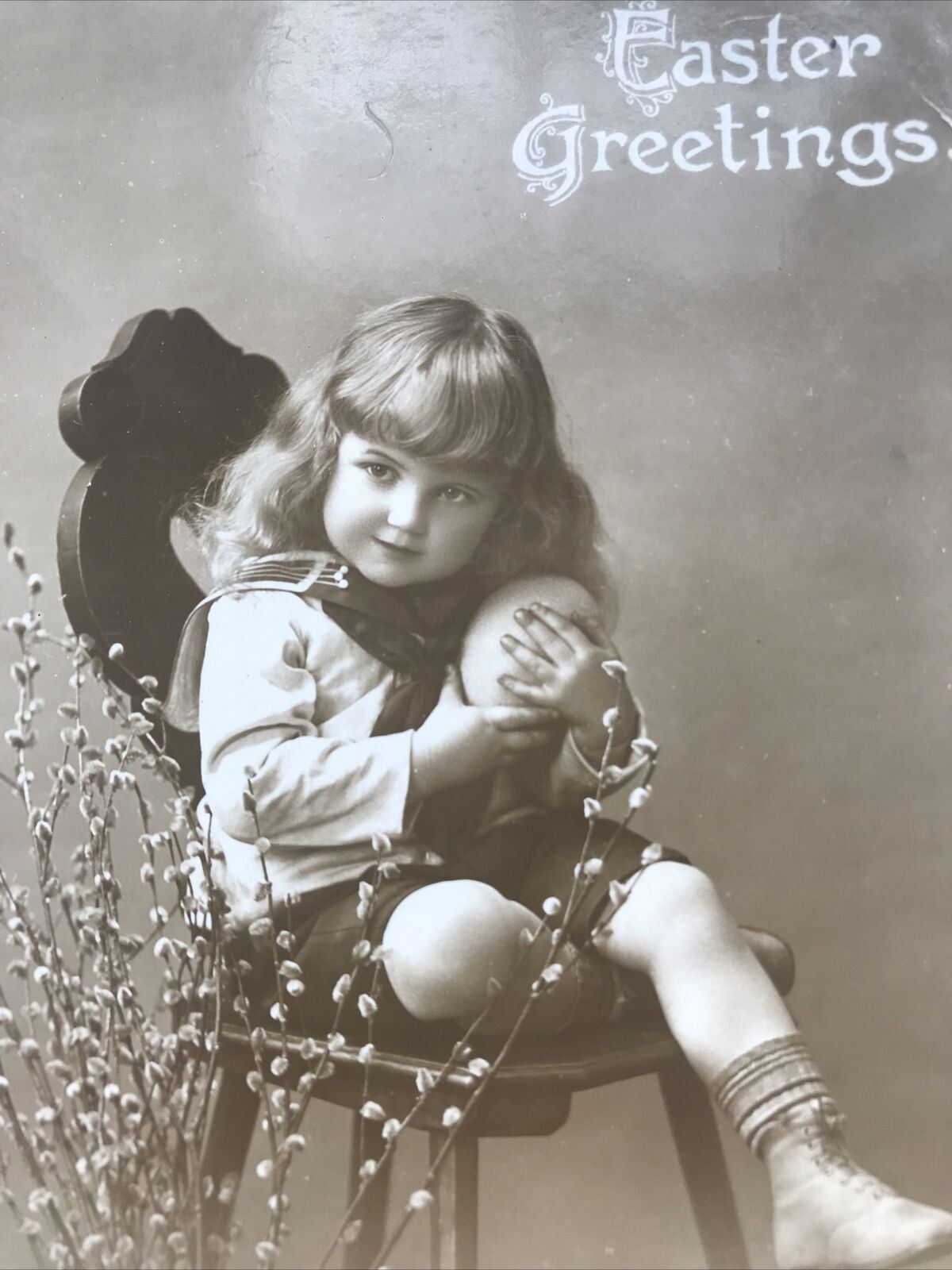 Antique 1919 Greetings EASTER POSTCARD ‘from Daddy in Germany’. Post WWI. Photo Girl Holding Large Ester Egg