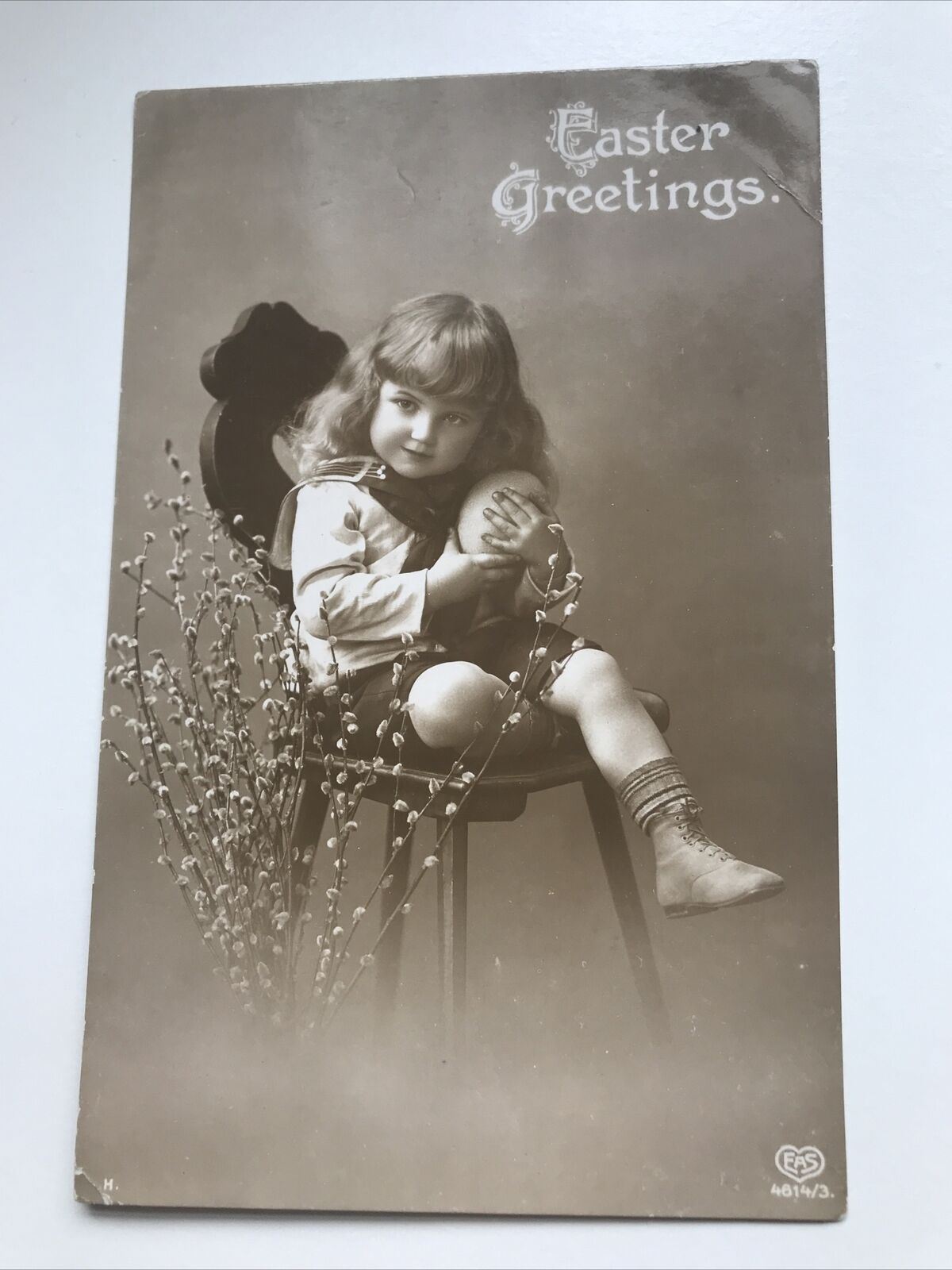 Antique 1919 Greetings EASTER POSTCARD ‘from Daddy in Germany’. Post WWI. Photo Girl Holding Large Ester Egg
