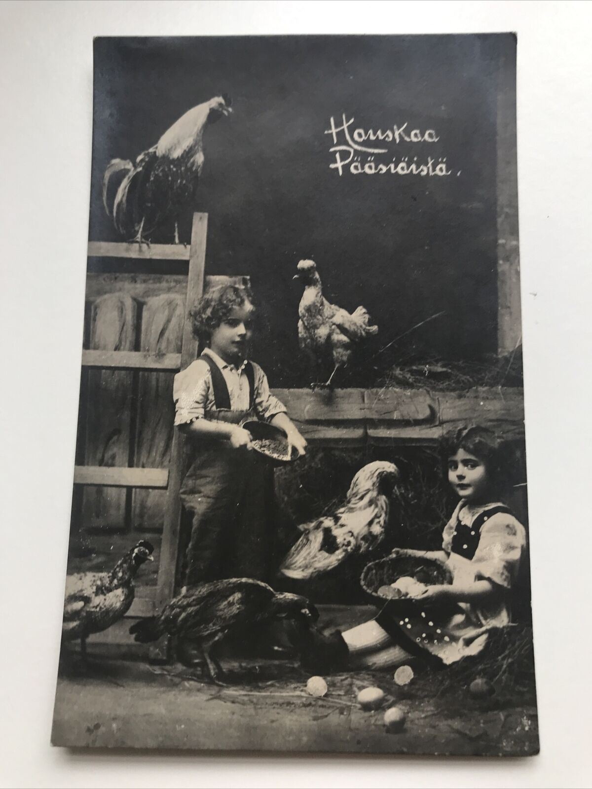 Vintage Greetings EASTER POSTCARD Finnish Finland Hauskaa Paasiaista Real Photo
