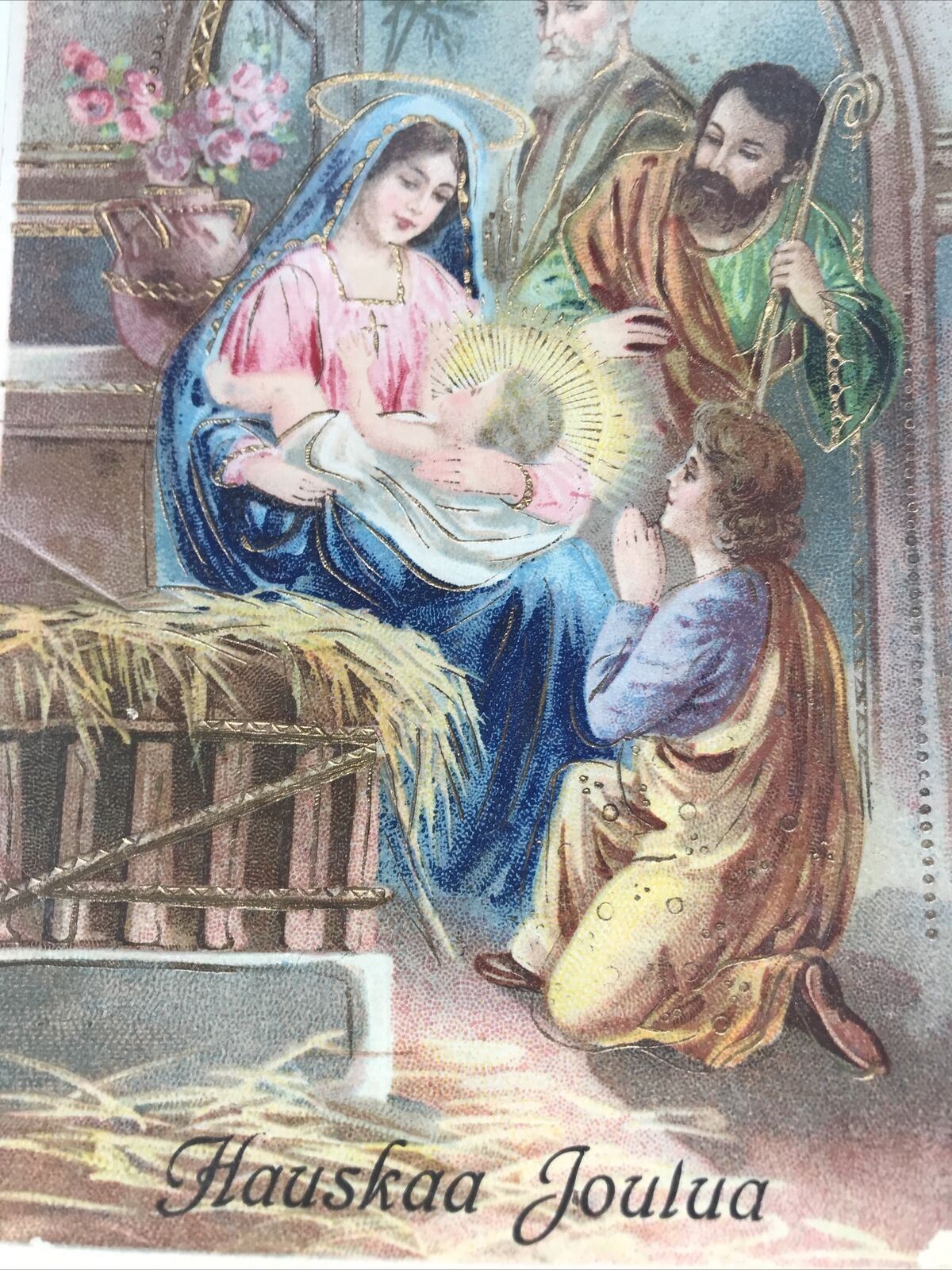 Vintage CHRISTMAS postcard - FINNISH / FINLAND 'HAUSKAA JOULUA' - Nativity Scene Embellished With Gold