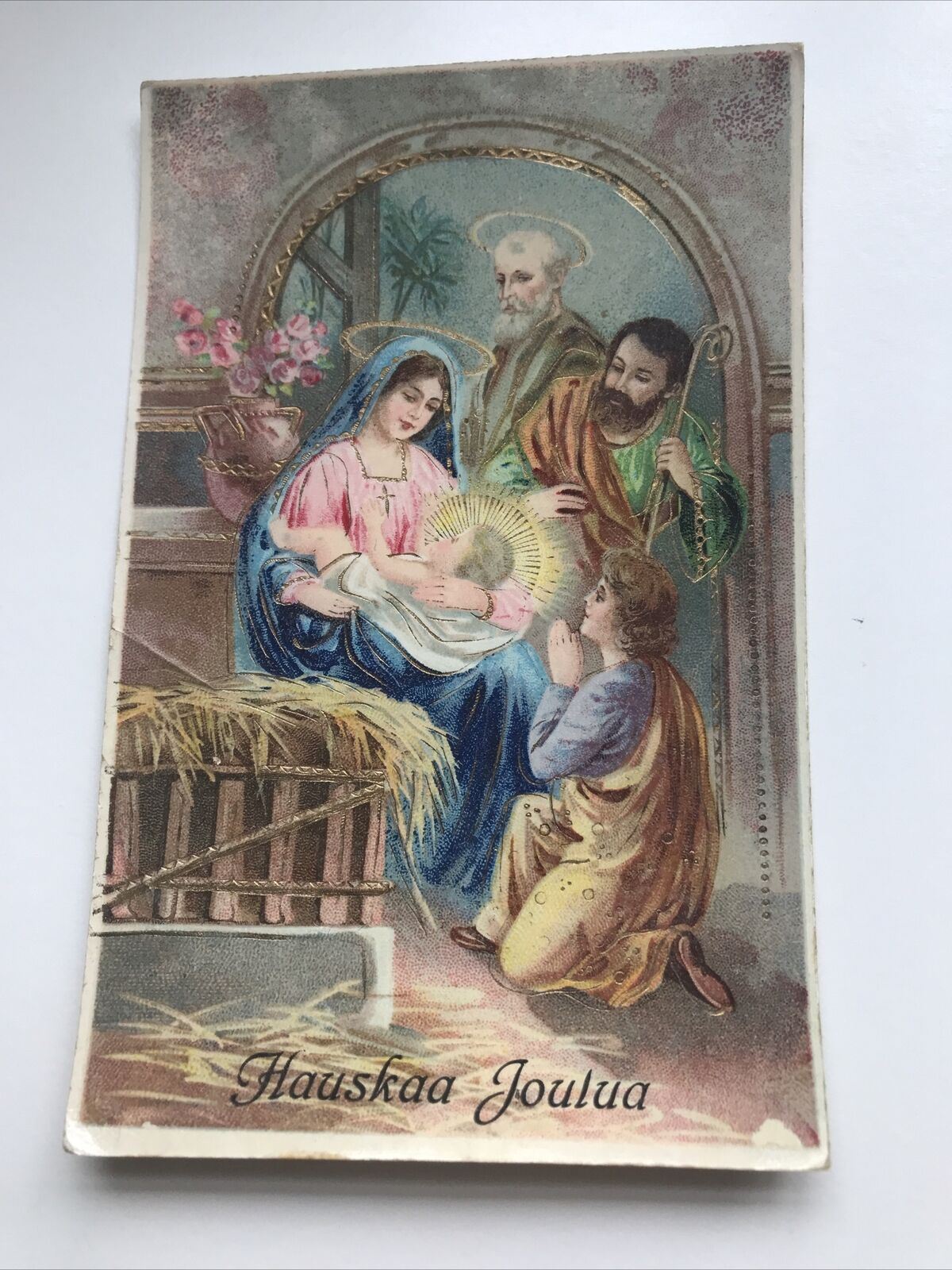 Vintage CHRISTMAS postcard - FINNISH / FINLAND 'HAUSKAA JOULUA' - Nativity Scene Embellished With Gold