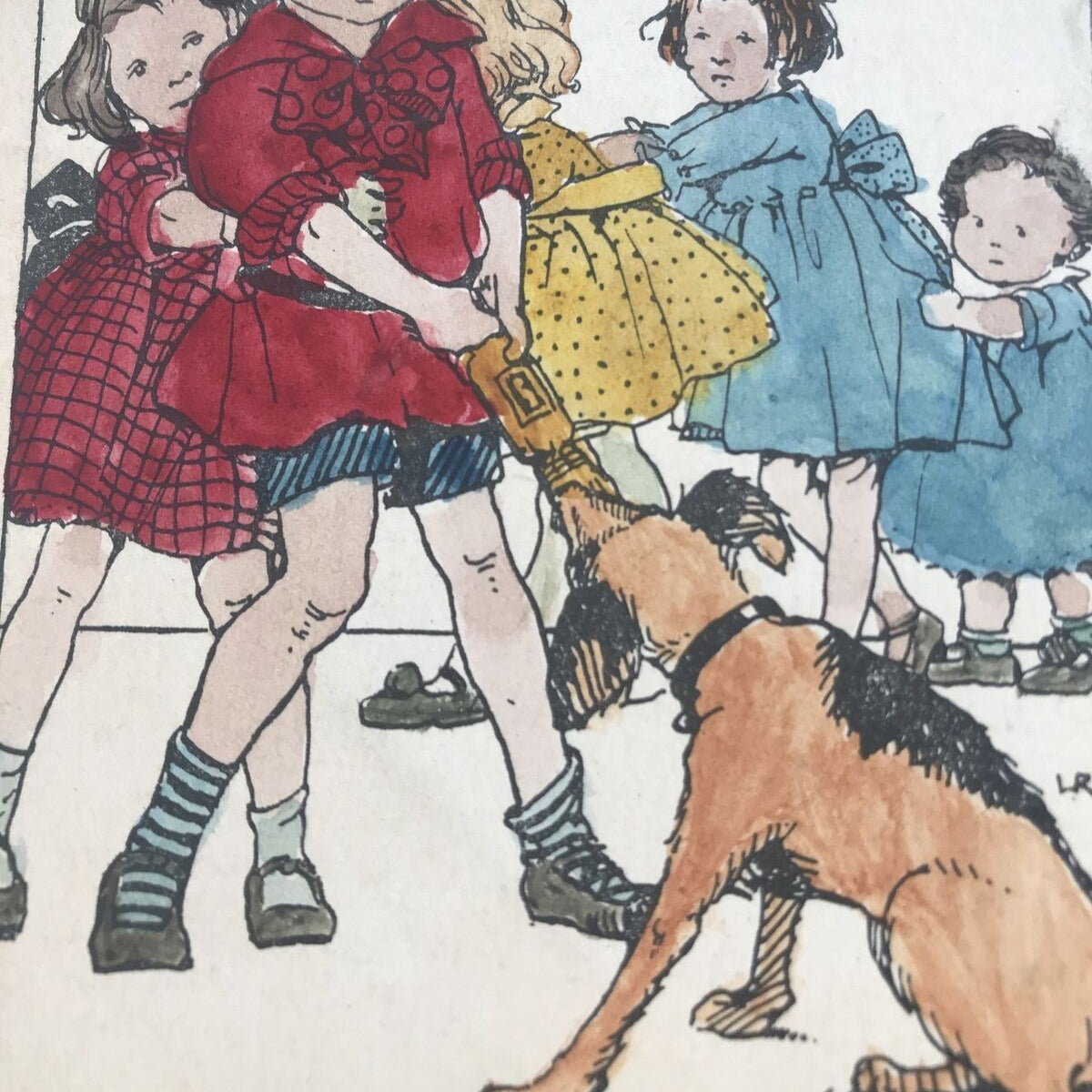 Vintage Merry Christmas Postcard - Coloured In By Child - Dog Pulling Cracker - Lovely Picture