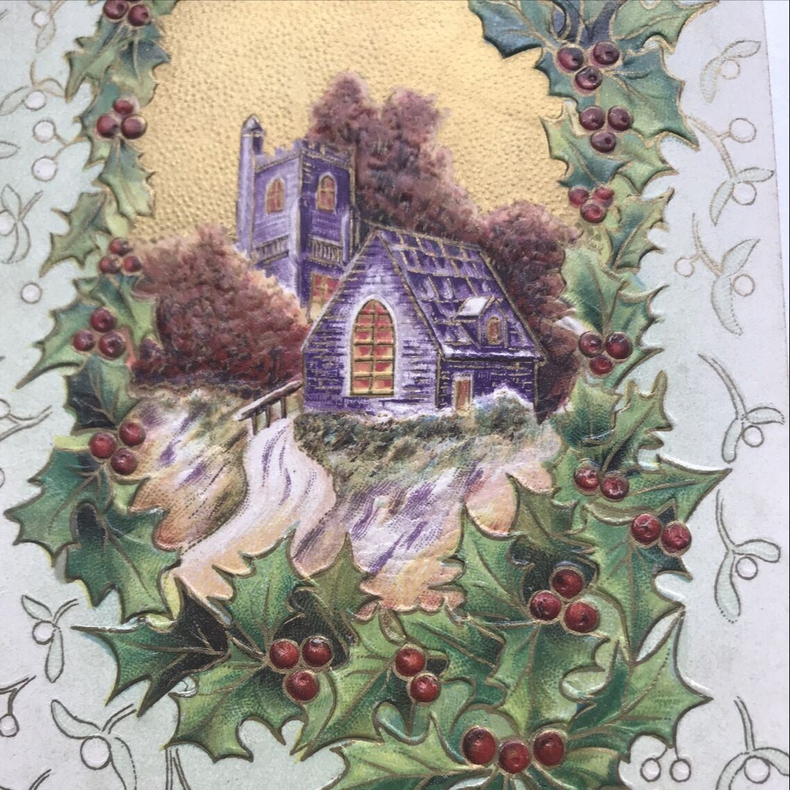 Vintage Embossed Christmas Postcard. Church In Snow. Holly & Mistletoe. Retro
