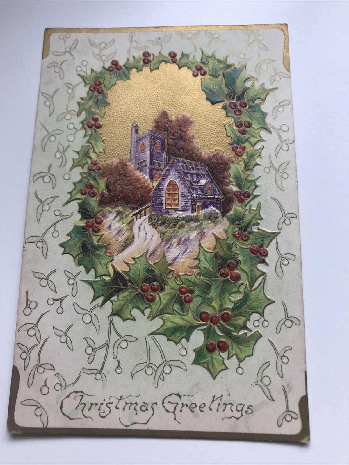 Vintage Embossed Christmas Postcard. Church In Snow. Holly & Mistletoe. Retro
