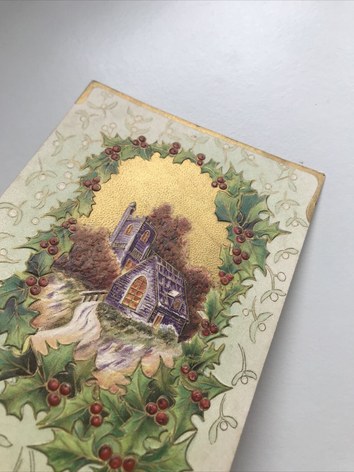 Vintage Embossed Christmas Postcard. Church In Snow. Holly & Mistletoe. Retro