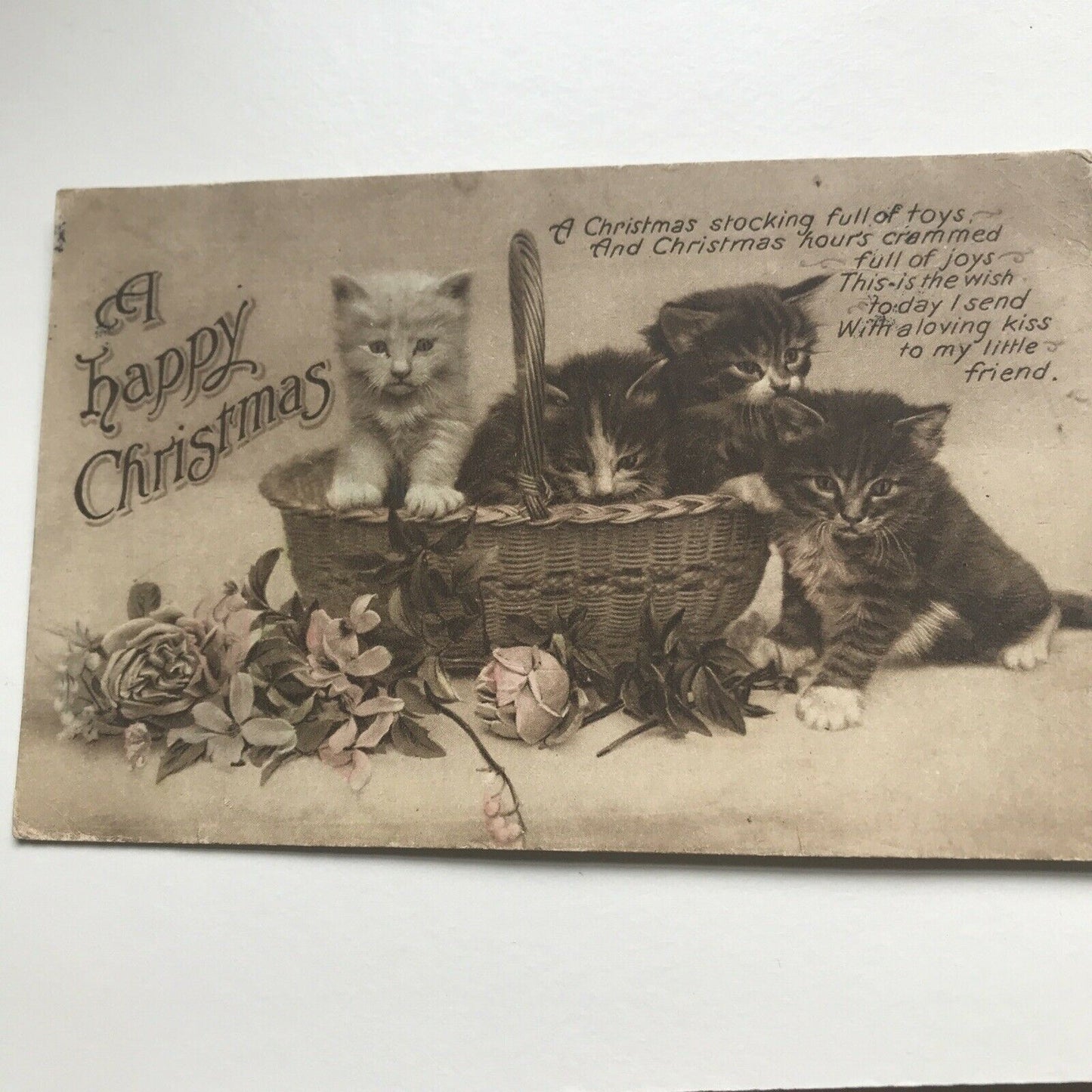 Vintage CHRISTMAS Postcard For A Child - Kittens In Basket With Flowers - Sepia Tinted - A Happy Christmas