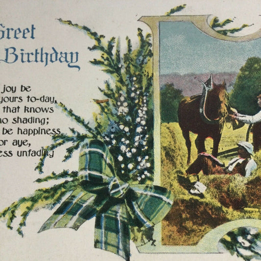 Antique Birthday Greetings Postcard Ploughmen And Horse In Field Nice Poem
