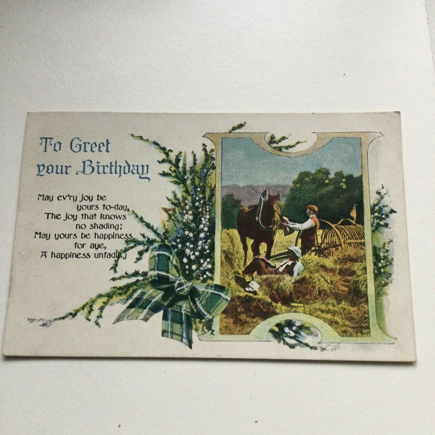 Antique Birthday Greetings Postcard Ploughmen And Horse In Field Nice Poem