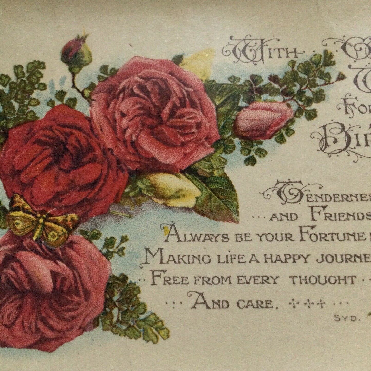Vintage Birthday Greetings Postcard Roses Butterfly Nice Poem Good Wishes