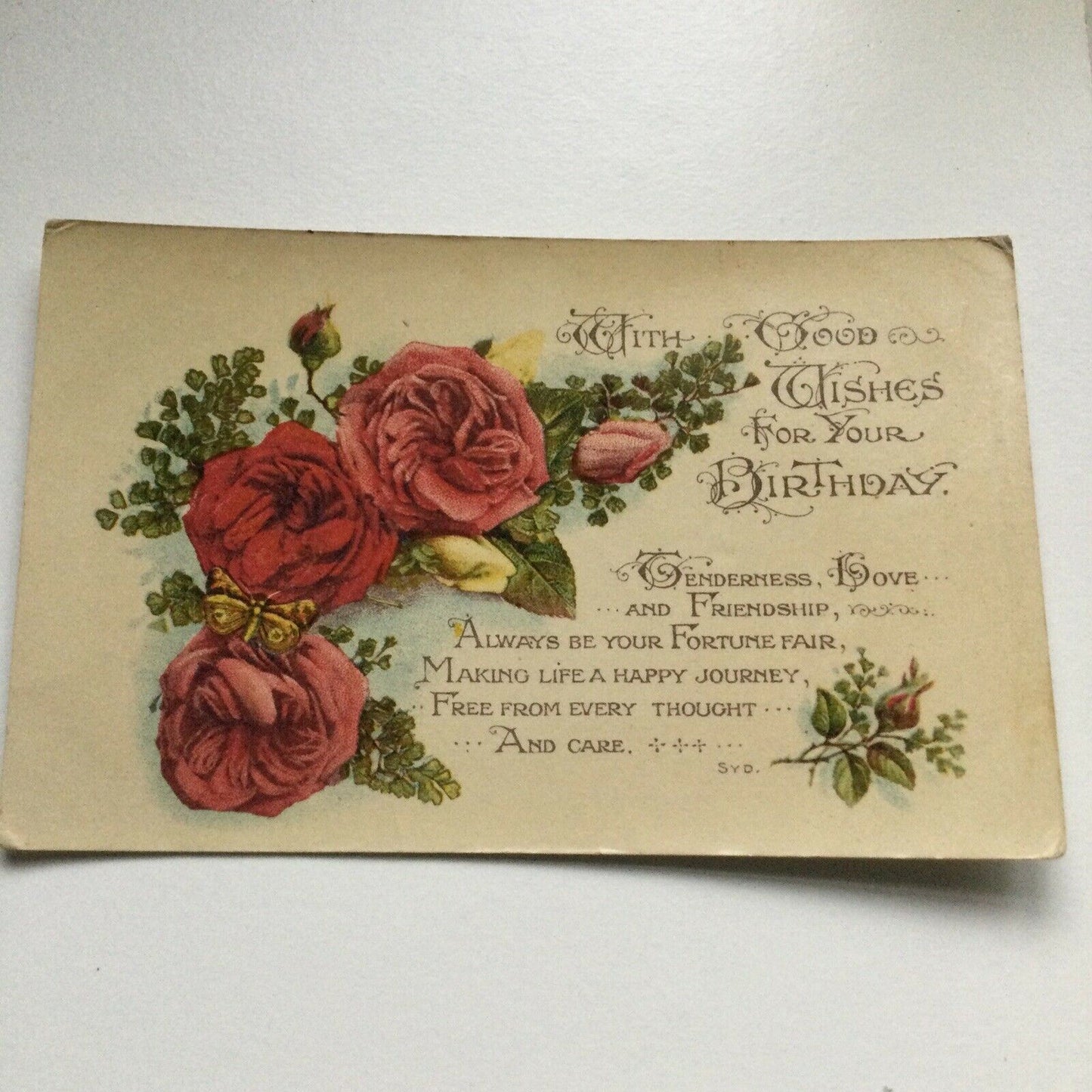 Vintage Birthday Greetings Postcard Roses Butterfly Nice Poem Good Wishes