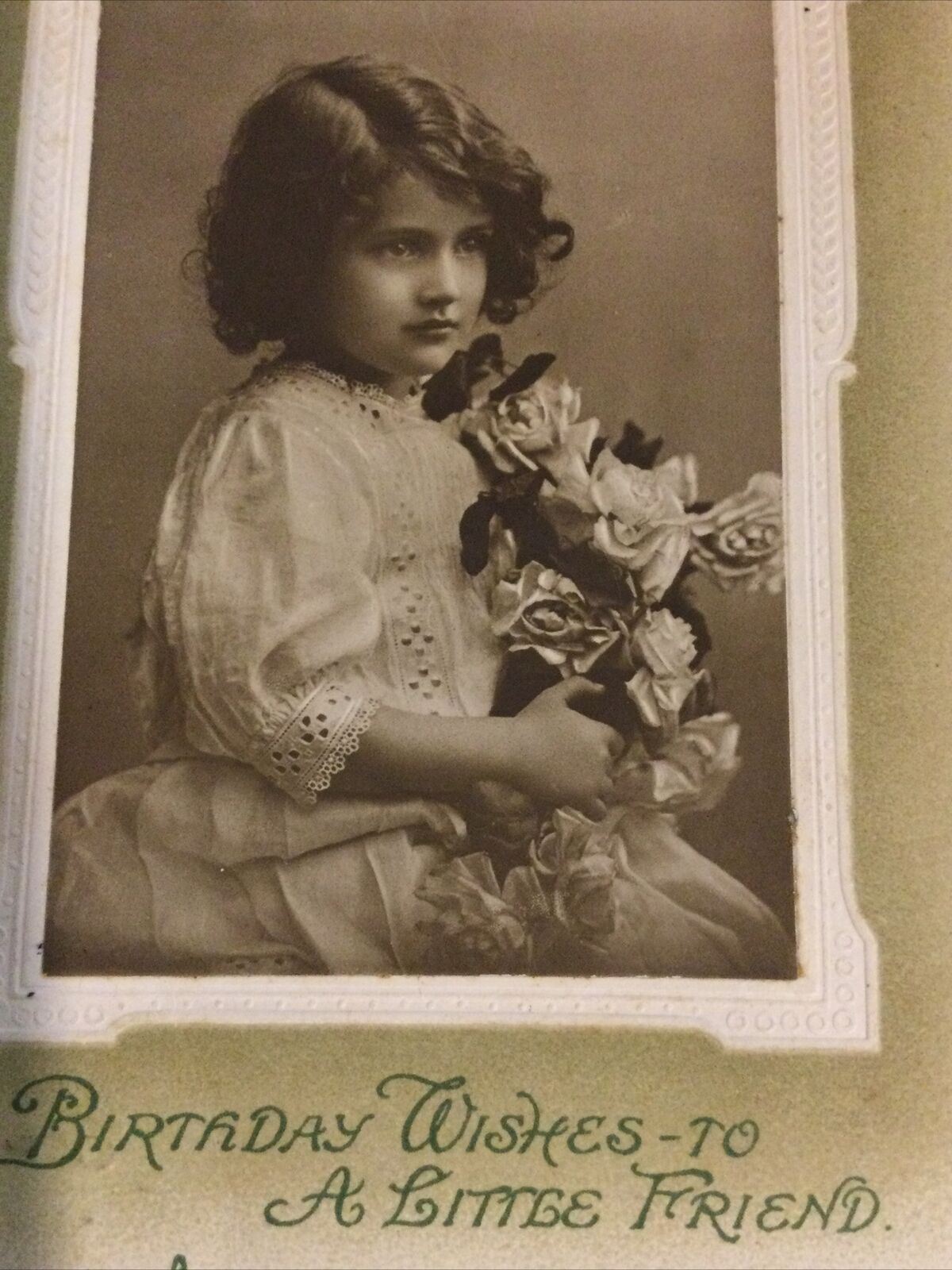 Antique / Vintage Birthday Greetings Postcard For A Child. Sweet Girl With Flowers Friend Birthday Wishes To A Little Friend