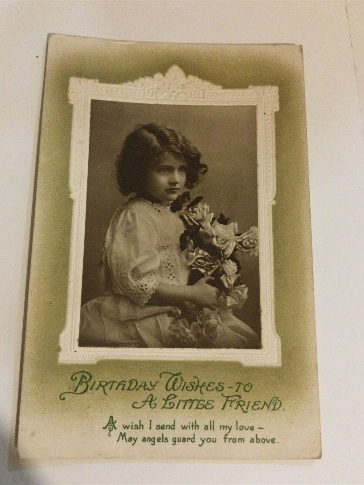 Antique / Vintage Birthday Greetings Postcard For A Child. Sweet Girl With Flowers Friend Birthday Wishes To A Little Friend