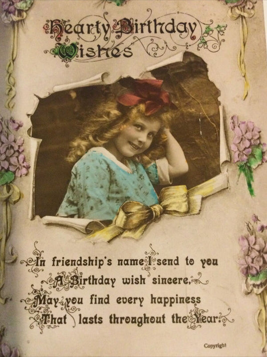 Antique Greetings Postcard Girl With Big Bow In Hair. Hand Tinted. Birthday