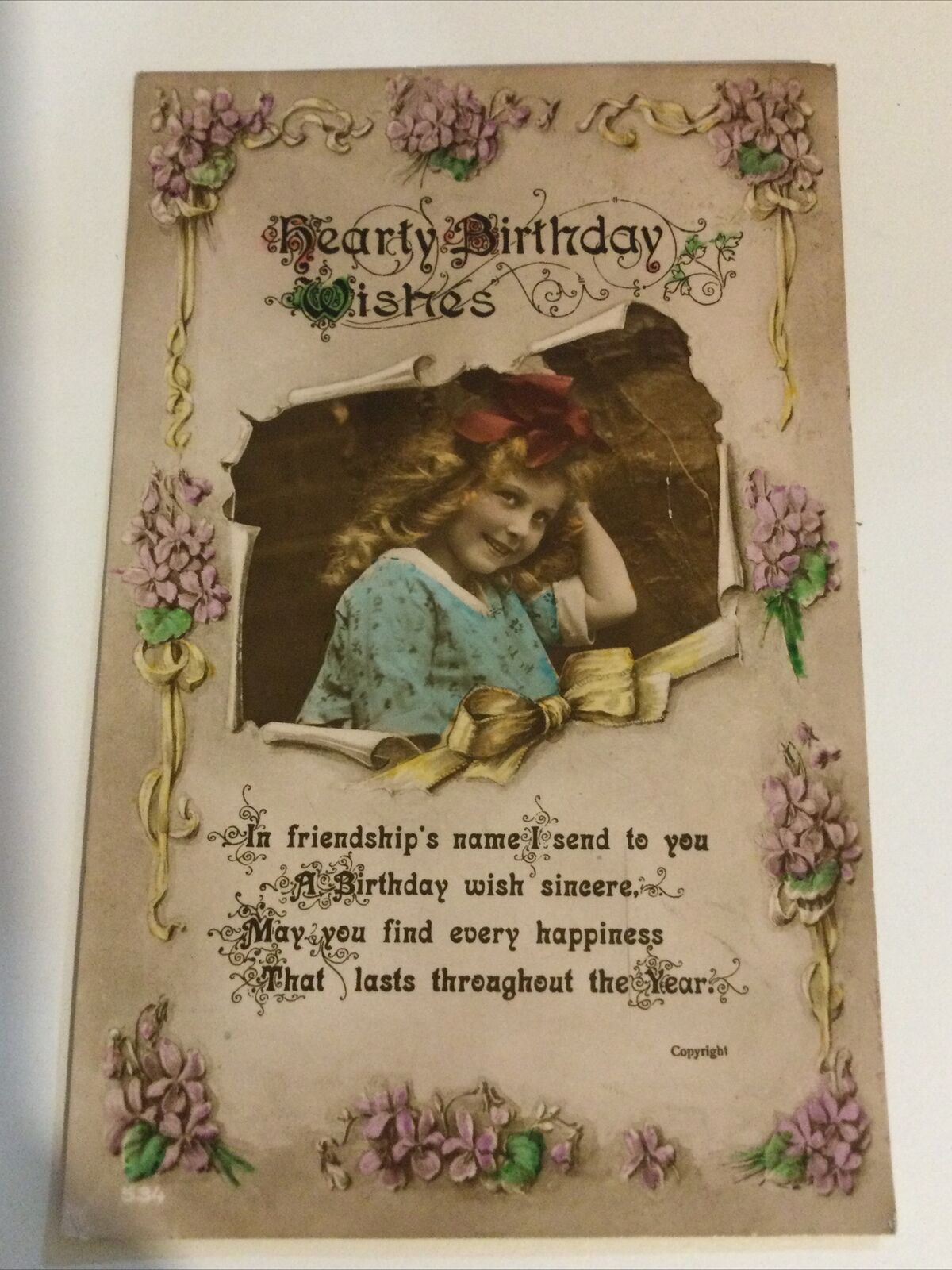 Antique Greetings Postcard Girl With Big Bow In Hair. Hand Tinted. Birthday