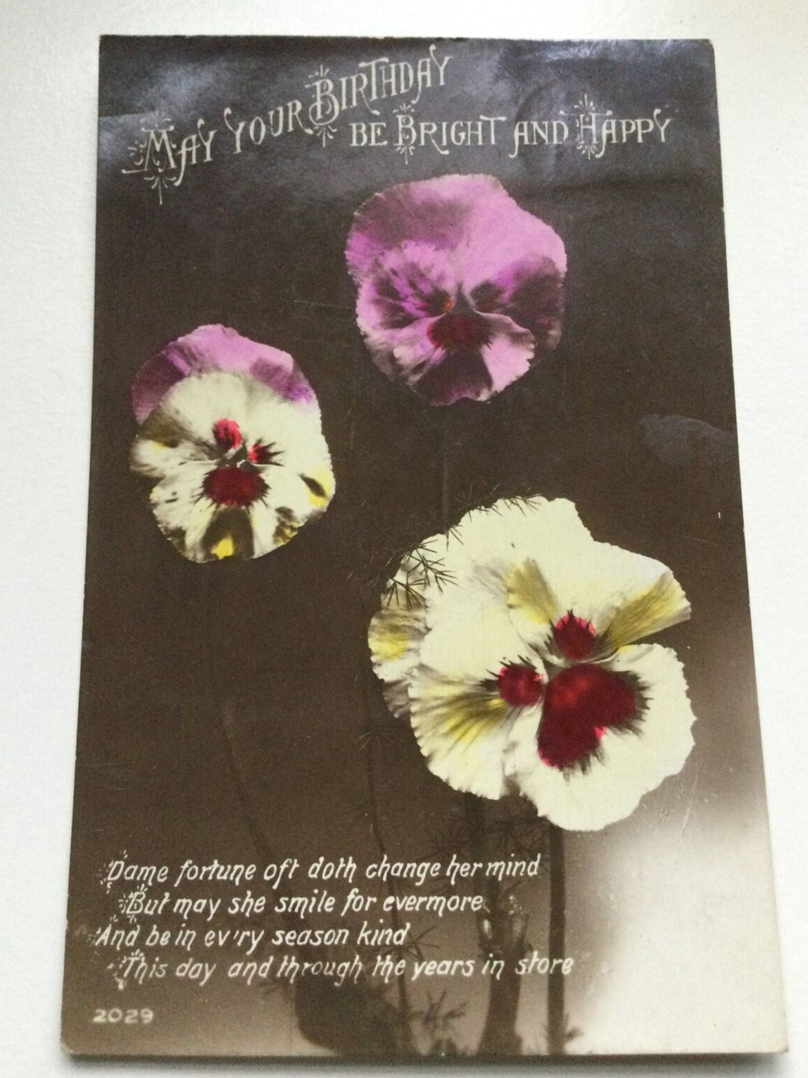 Antique Birthday Greetings Postcard - Pansies Flowers With Nice Poem - Hand Tinted - 1921 - Regent