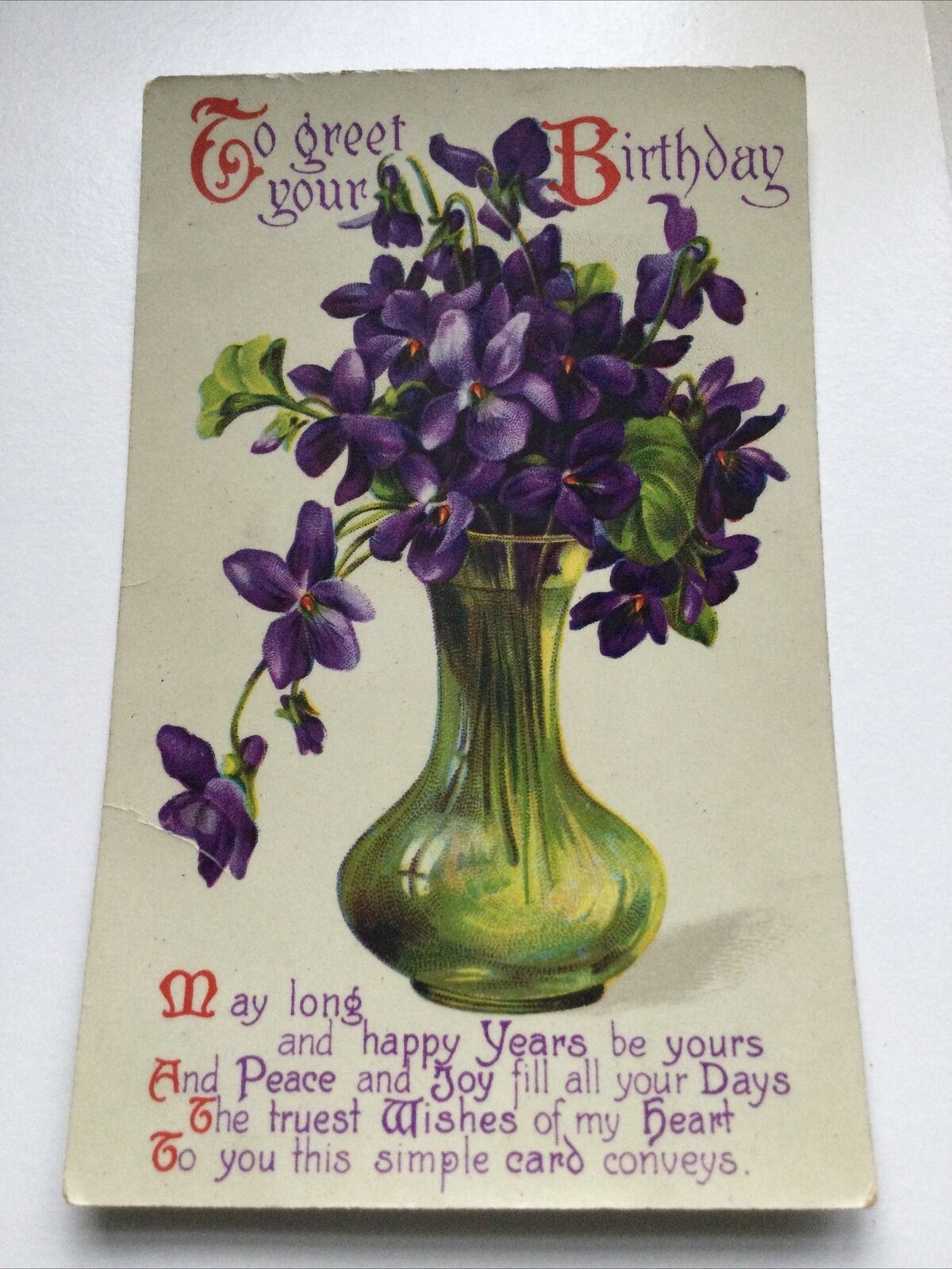 Vintage Birthday Greetings Postcard Floral Purple Violets Bright Cheery 1929