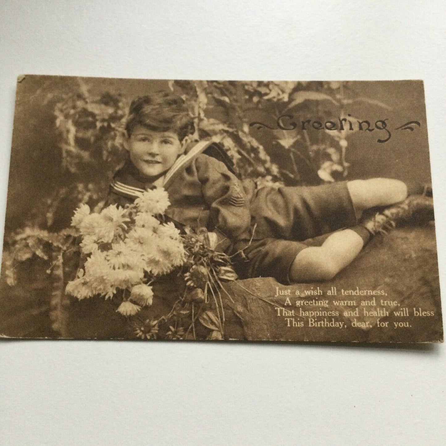 Vintage Birthday Greetings Postcard Sepia Boy In Sailor Outfit Nice Poem Flowers 1920s 1930s