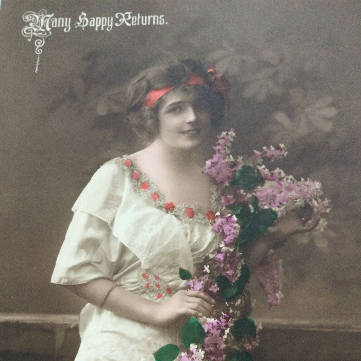 Antique Birthday Greetings Postcard Beautiful Woman With Lilac Flowers  Carlton