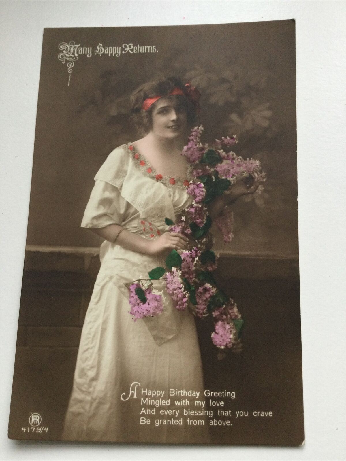 Antique Birthday Greetings Postcard Beautiful Woman With Lilac Flowers Carlton