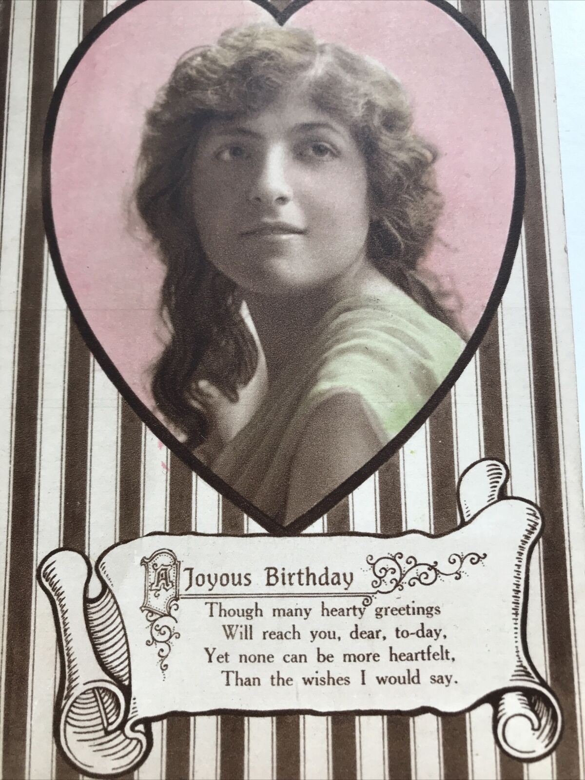 Antique Tinted Sepia POSTCARD HAPPY BIRTHDAY. Pretty Woman & Nice Poem 1919. Pink heart design.