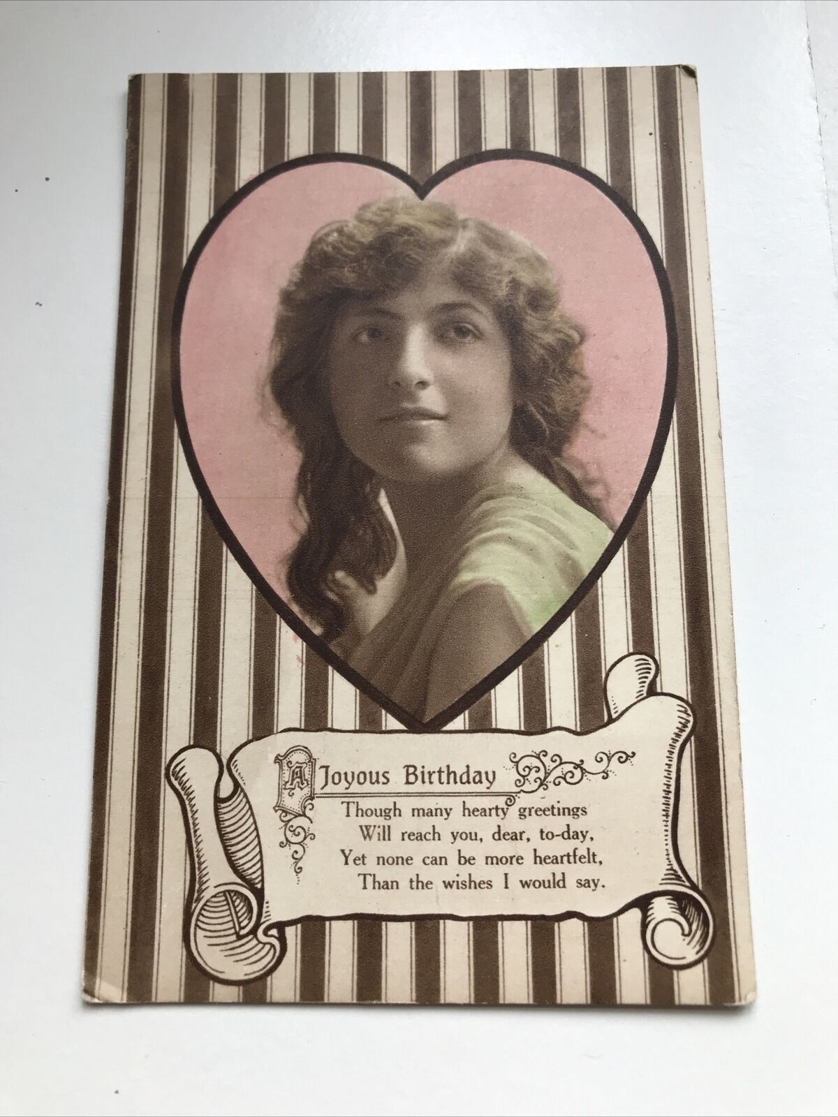 Antique Tinted Sepia POSTCARD HAPPY BIRTHDAY. Pretty Woman & Nice Poem 1919. Pink heart design.