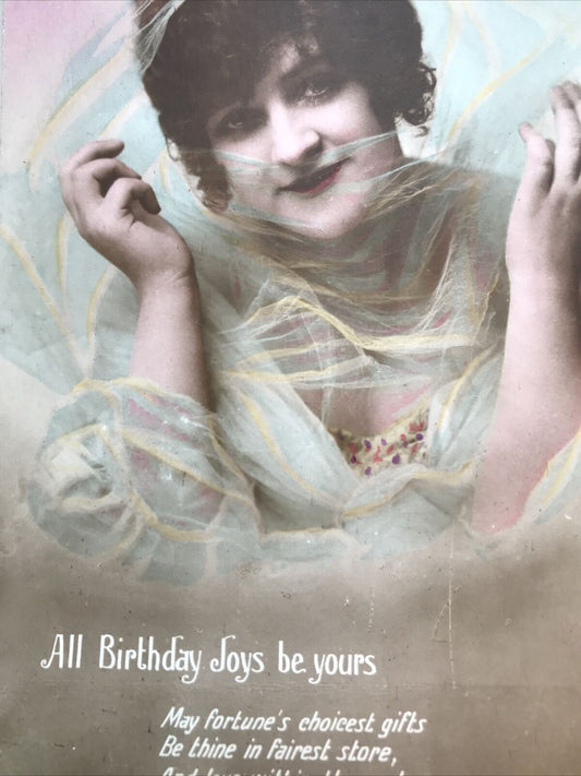 Antique Tinted Sepia POSTCARD HAPPY BIRTHDAY Joys Pretty Woman & Nice Poem