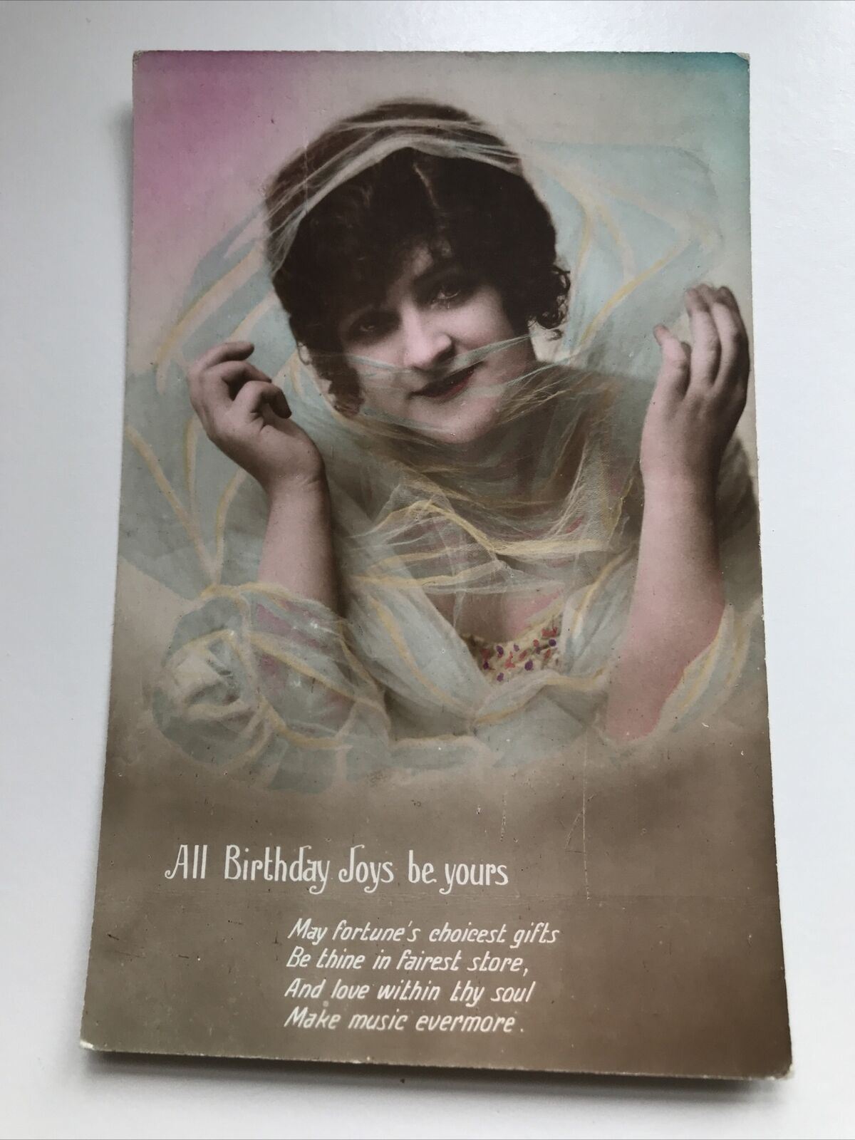 Antique Tinted Sepia POSTCARD HAPPY BIRTHDAY Joys Pretty Woman & Nice Poem