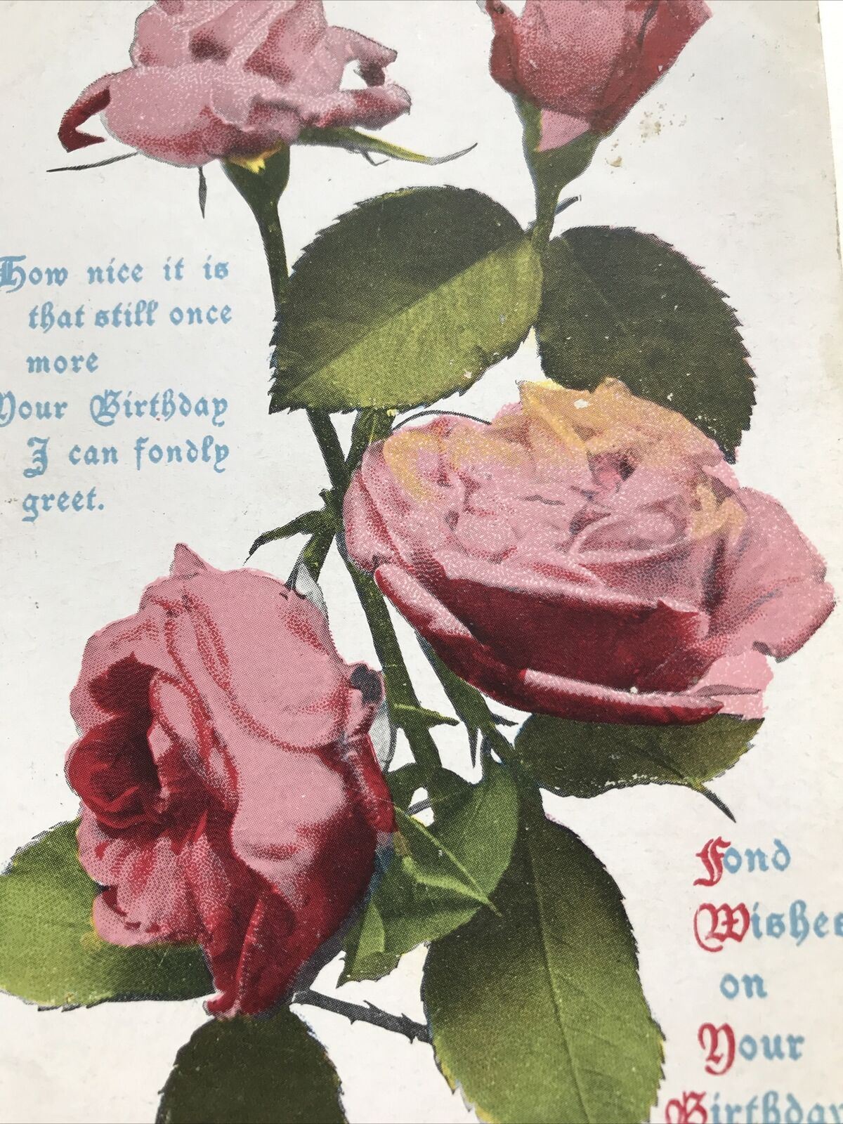 Antique Birthday Greetings Postcard Pink Roses Lovely Poem Posted