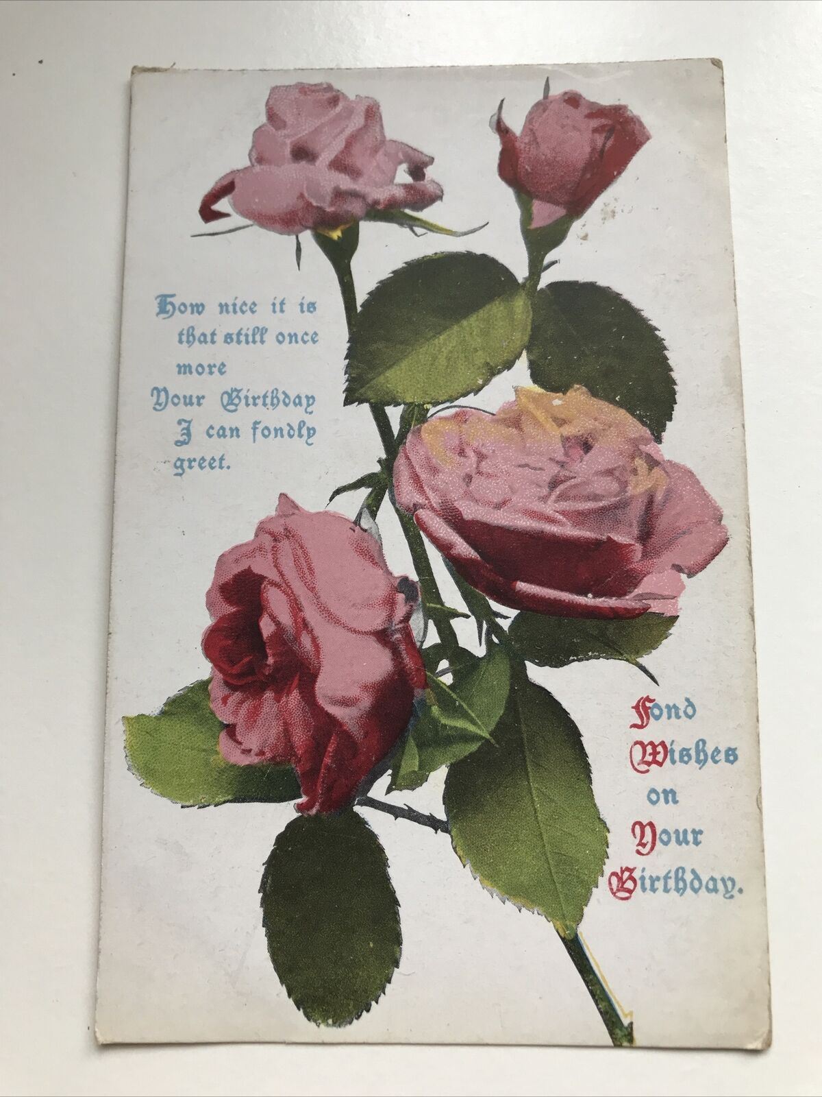 Antique Birthday Greetings Postcard Pink Roses Lovely Poem Posted